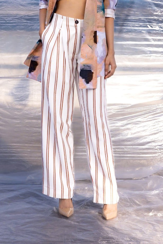 Brown Stripes Pleated Pants