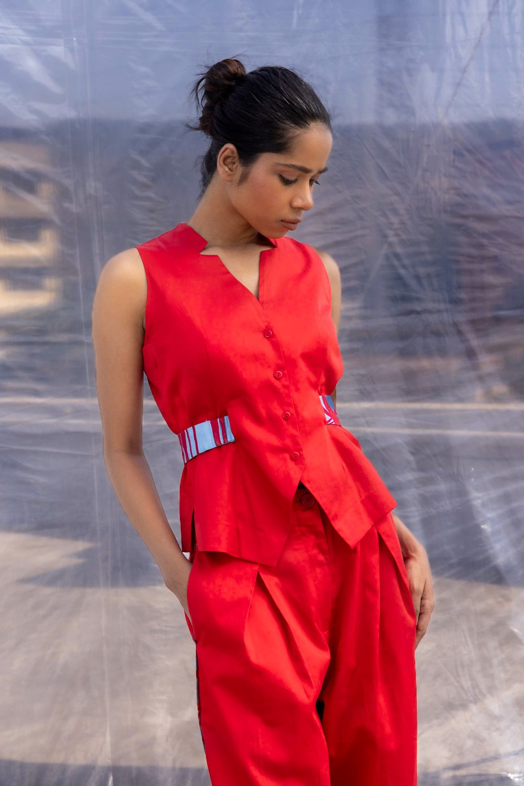 Red Waist Coat Pants Set