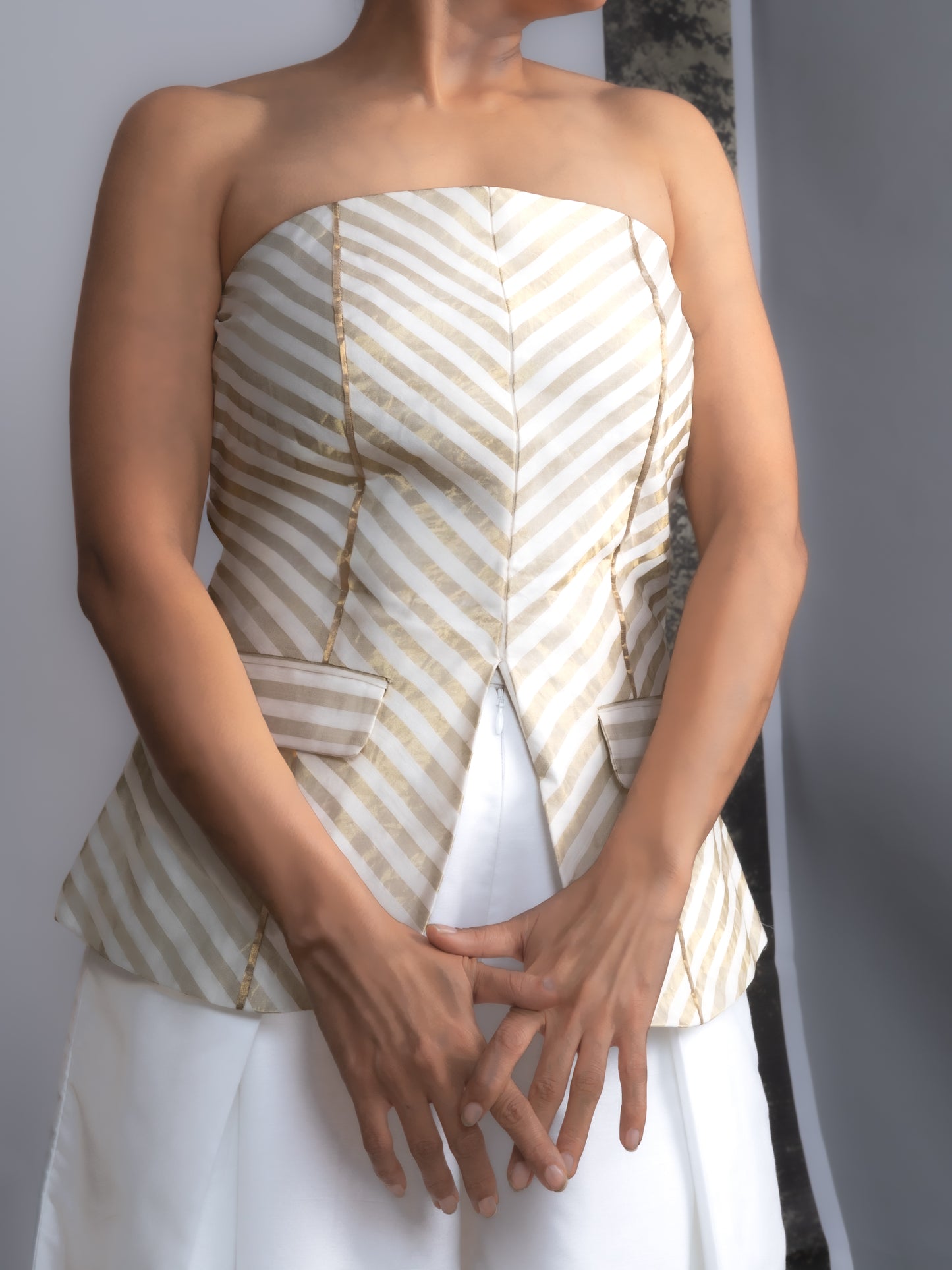 Chanderi Striped Tube and Silk Trousers Set