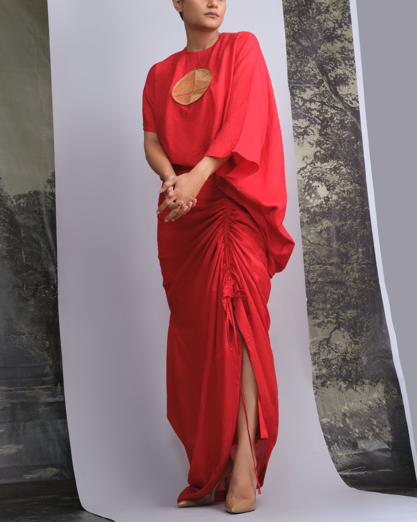 Vermilion Red Chanderi Draped Skirt