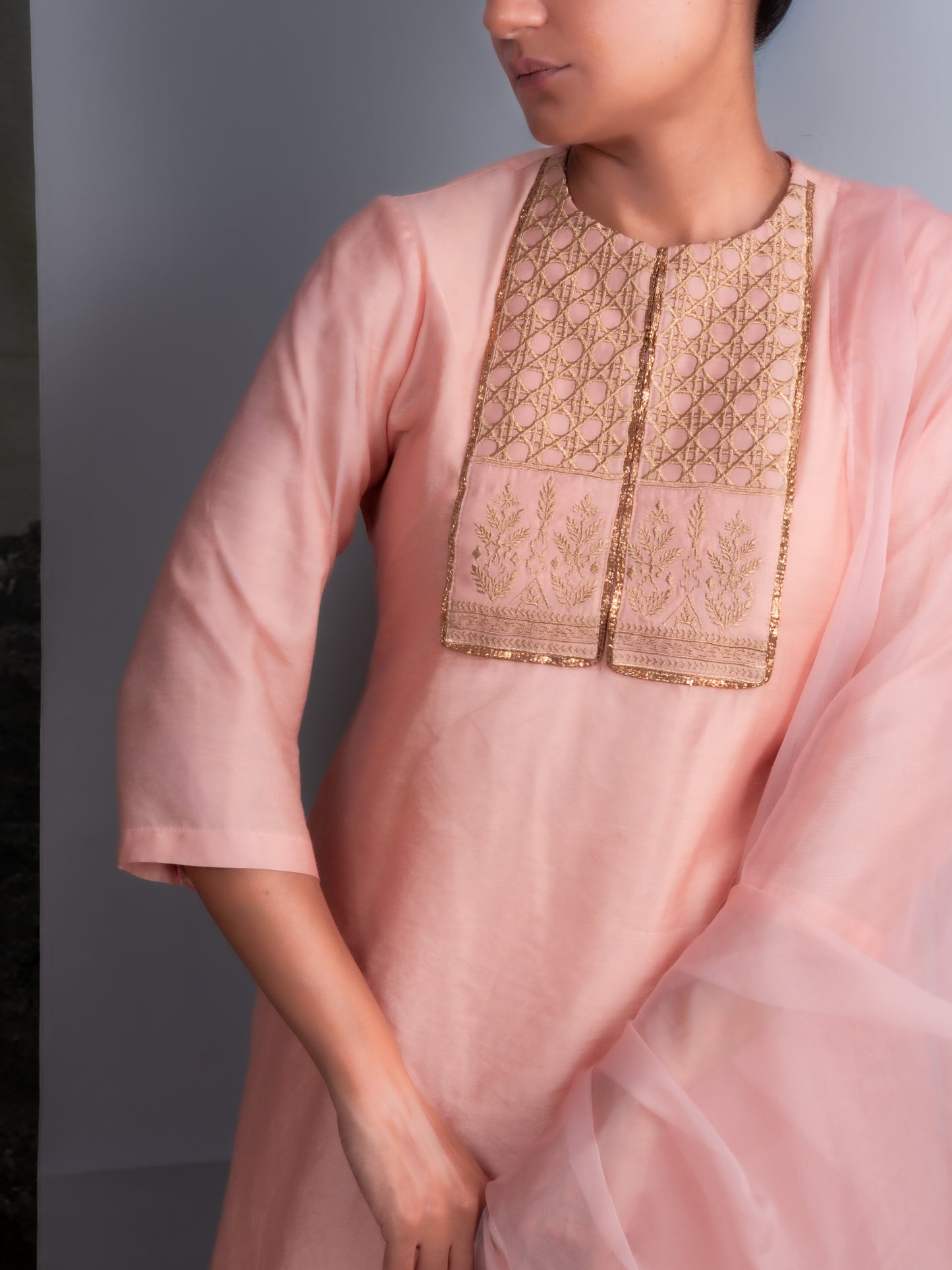 Peach Chanderi Tunic with Gold Lattice Embroidery