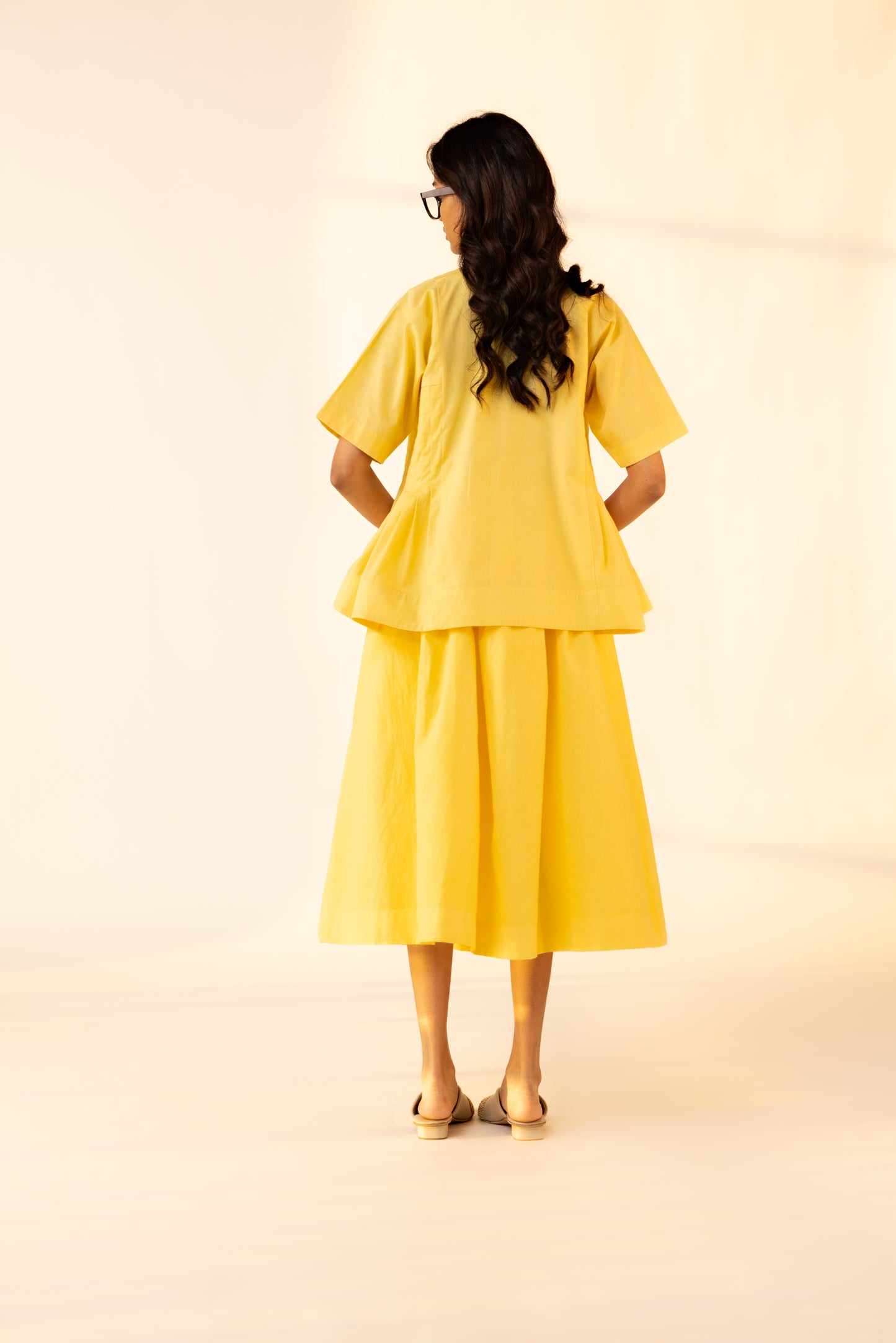 yellow cotton peplum top and skirt set