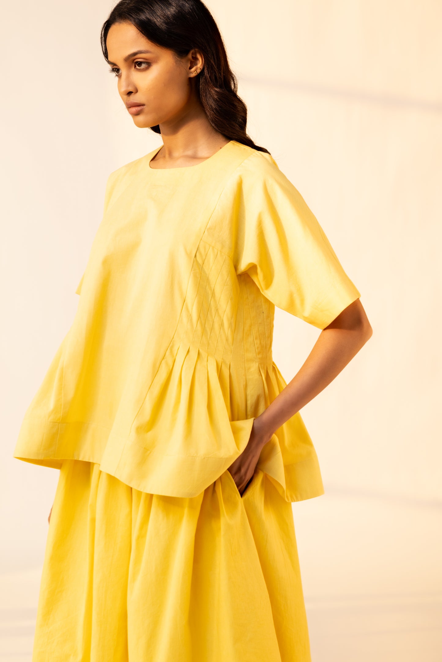 yellow cotton peplum top and skirt set