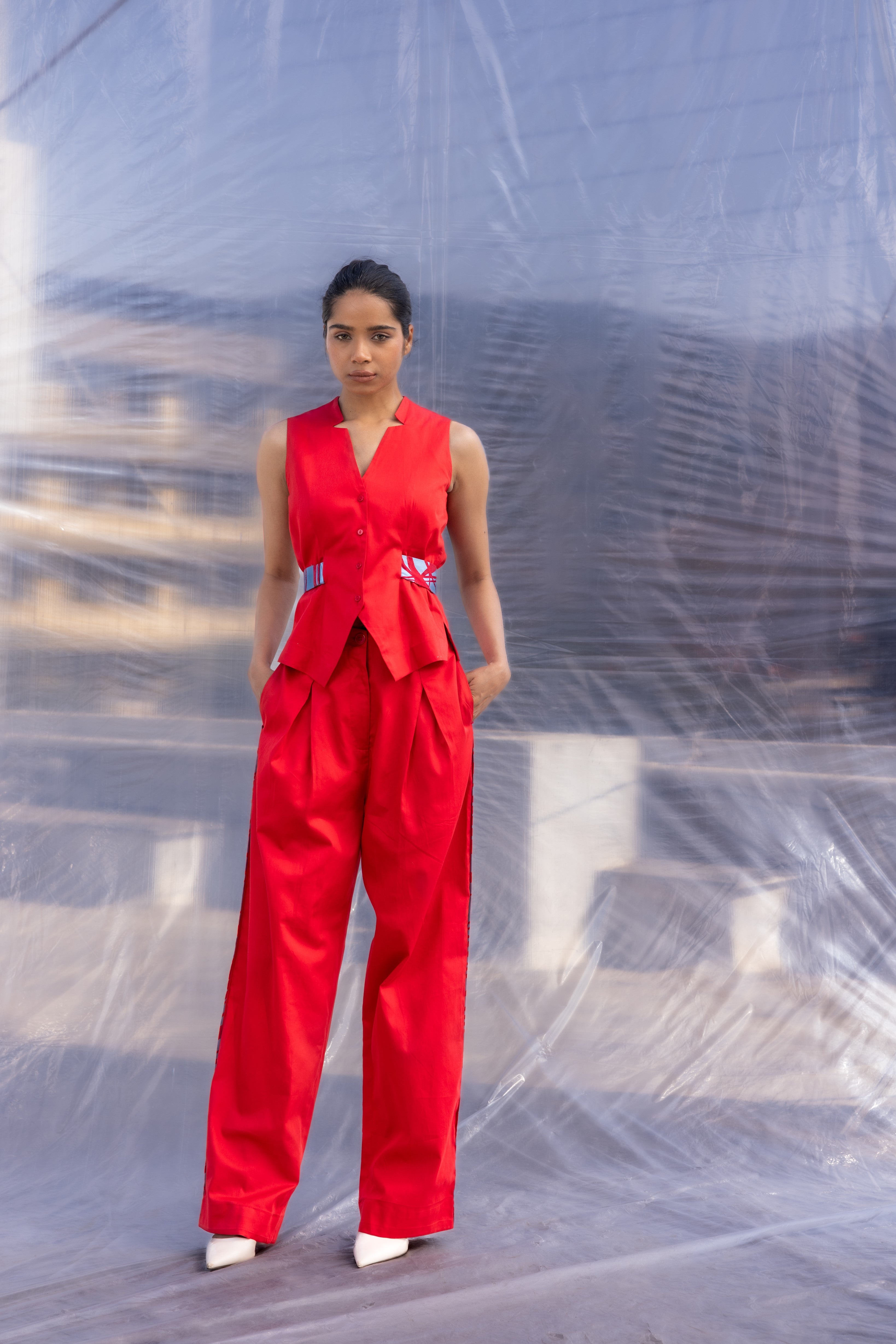 Red Waist Coat Pants Set-BENNCH