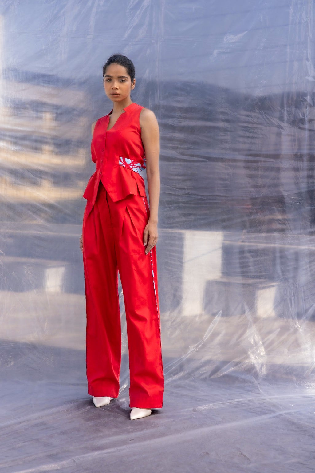 Red Waist Coat Pants Set-BENNCH