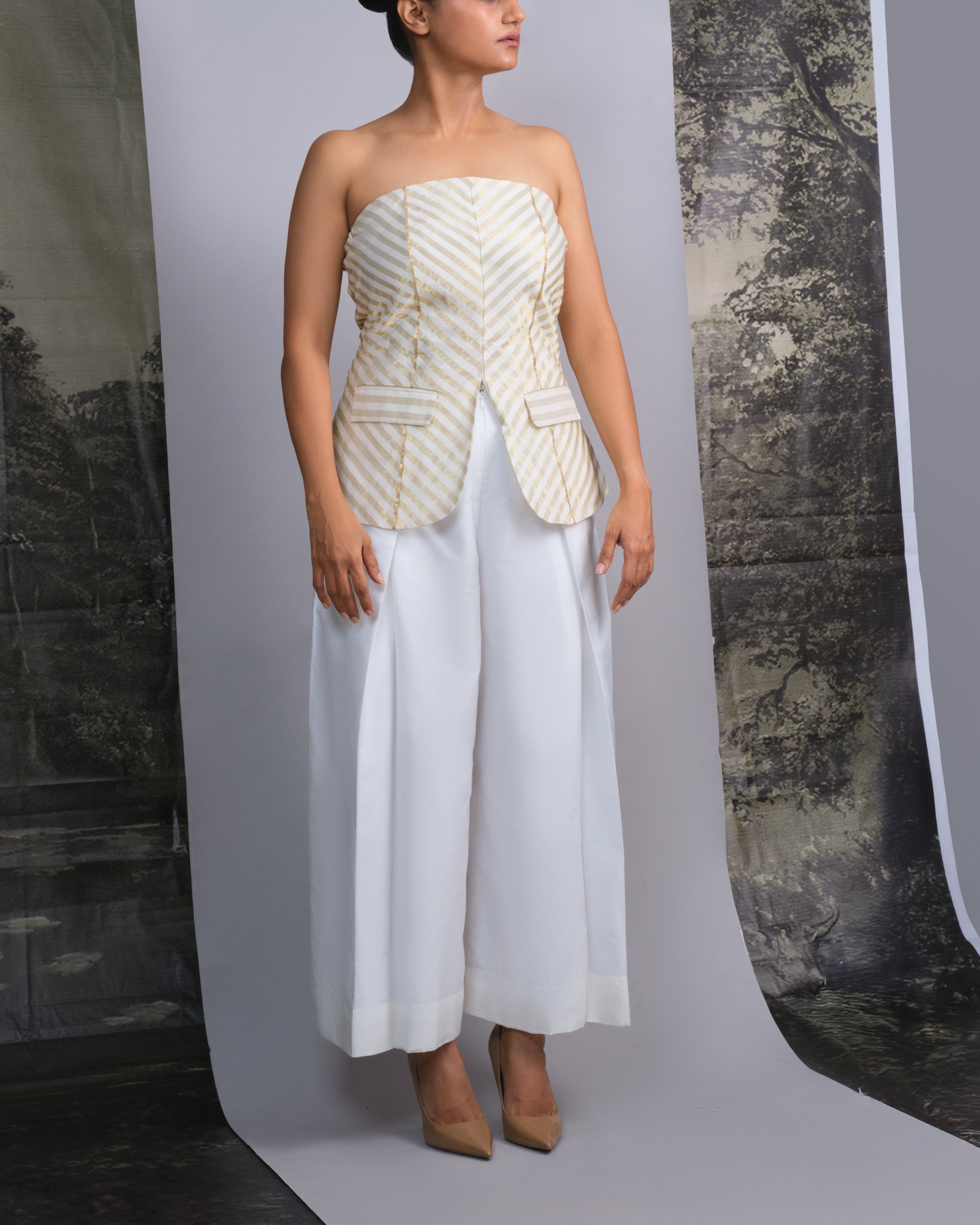 Chanderi Striped Tube and Silk Trousers Set-BENNCH
