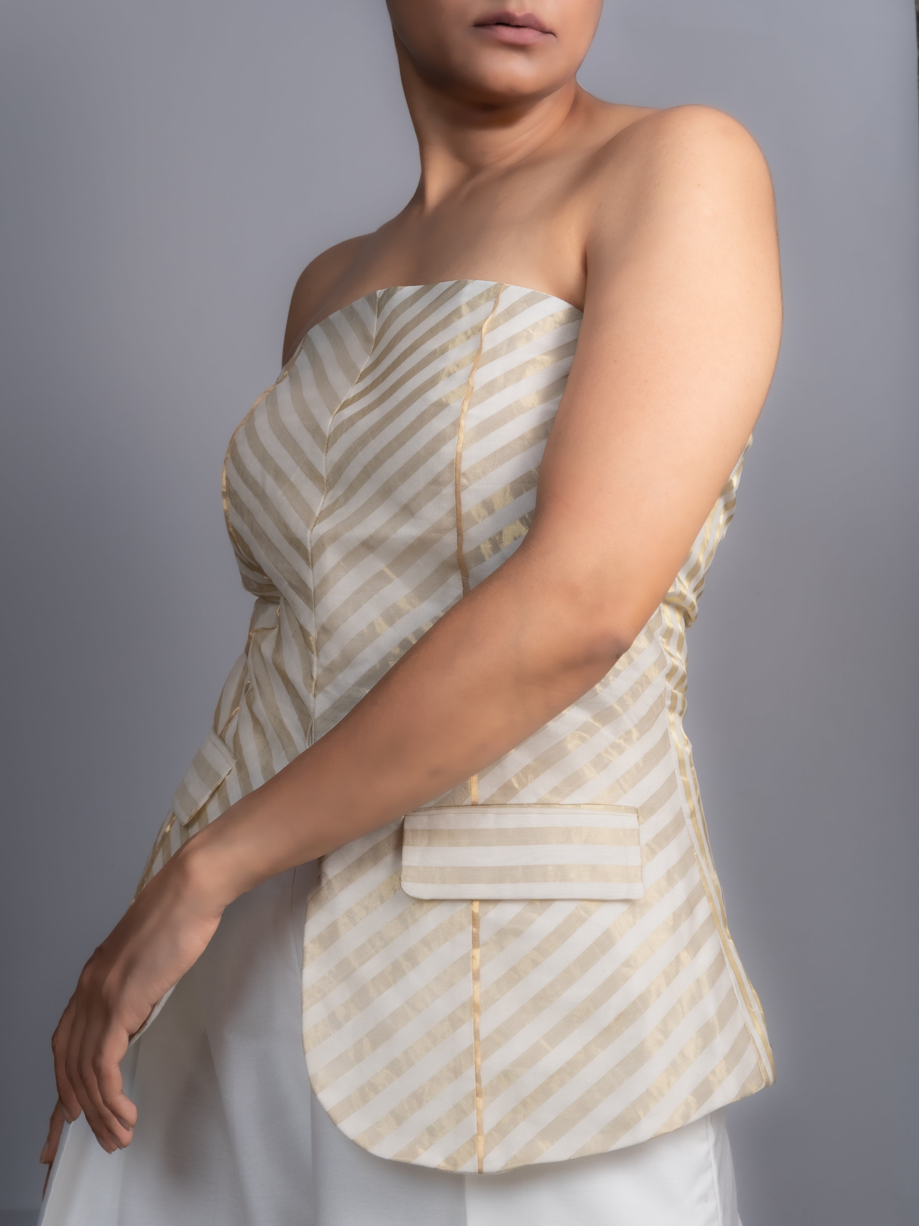 Chanderi Striped Tube and Silk Trousers Set-BENNCH