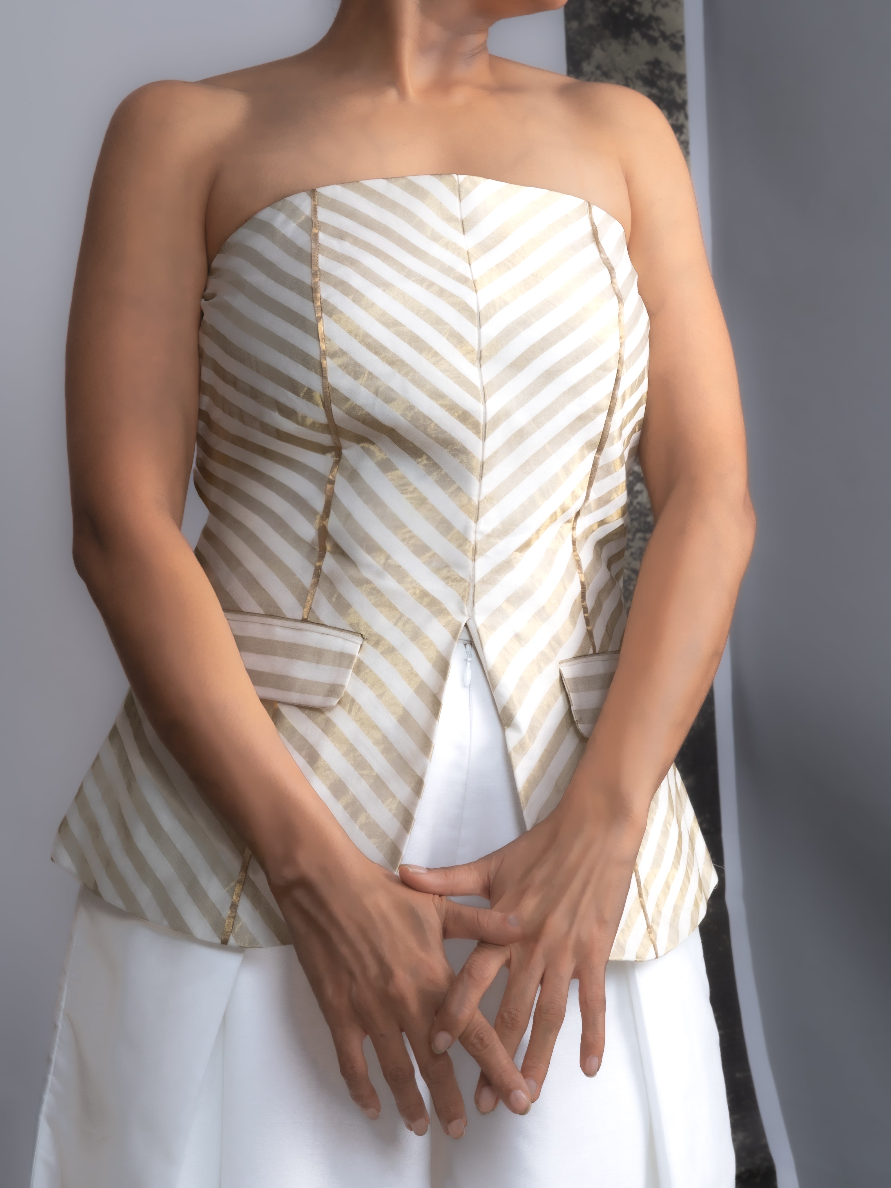Chanderi Striped Tube and Silk Trousers Set-BENNCH