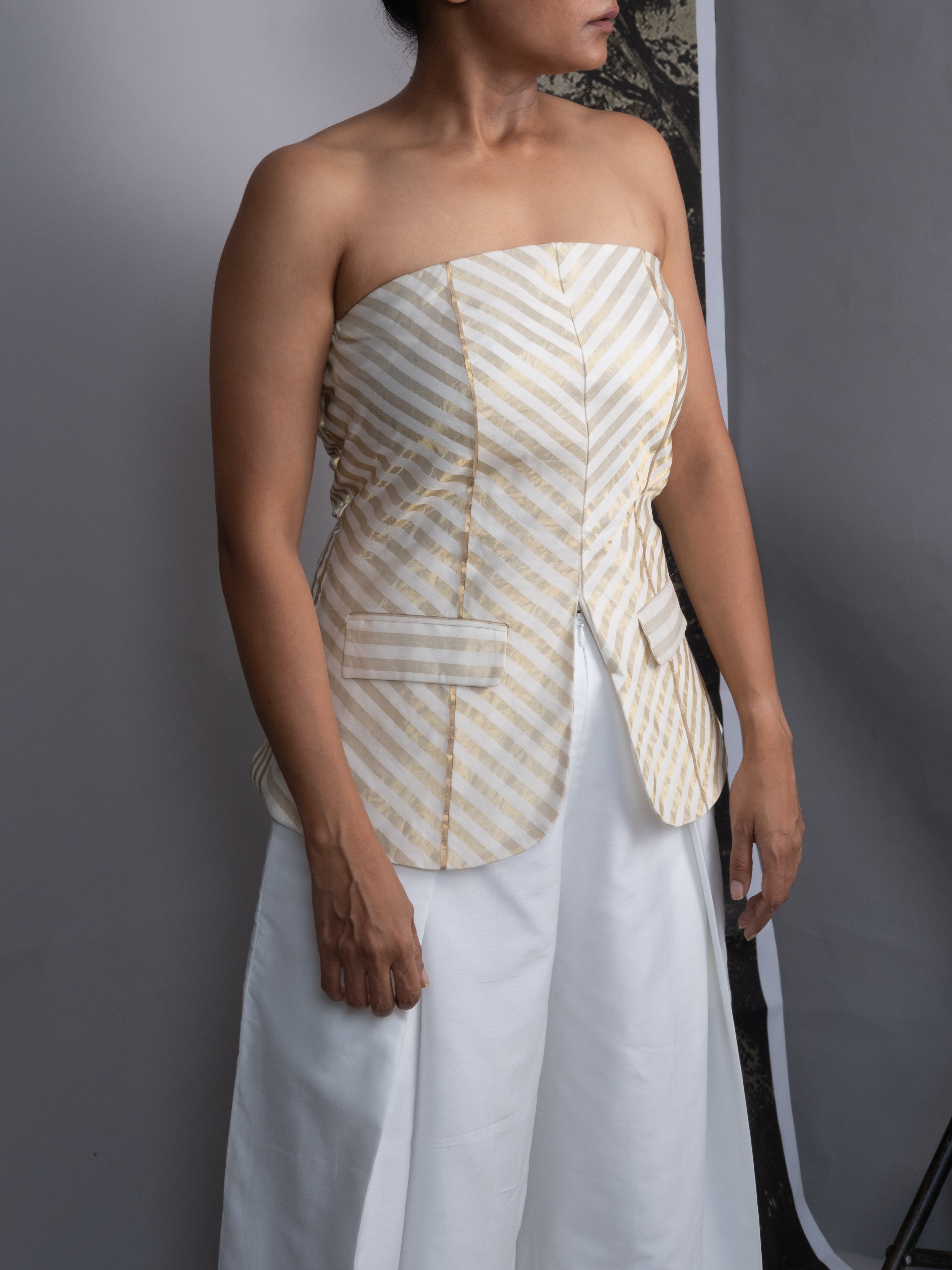 Chanderi Striped Tube and Silk Trousers Set-BENNCH