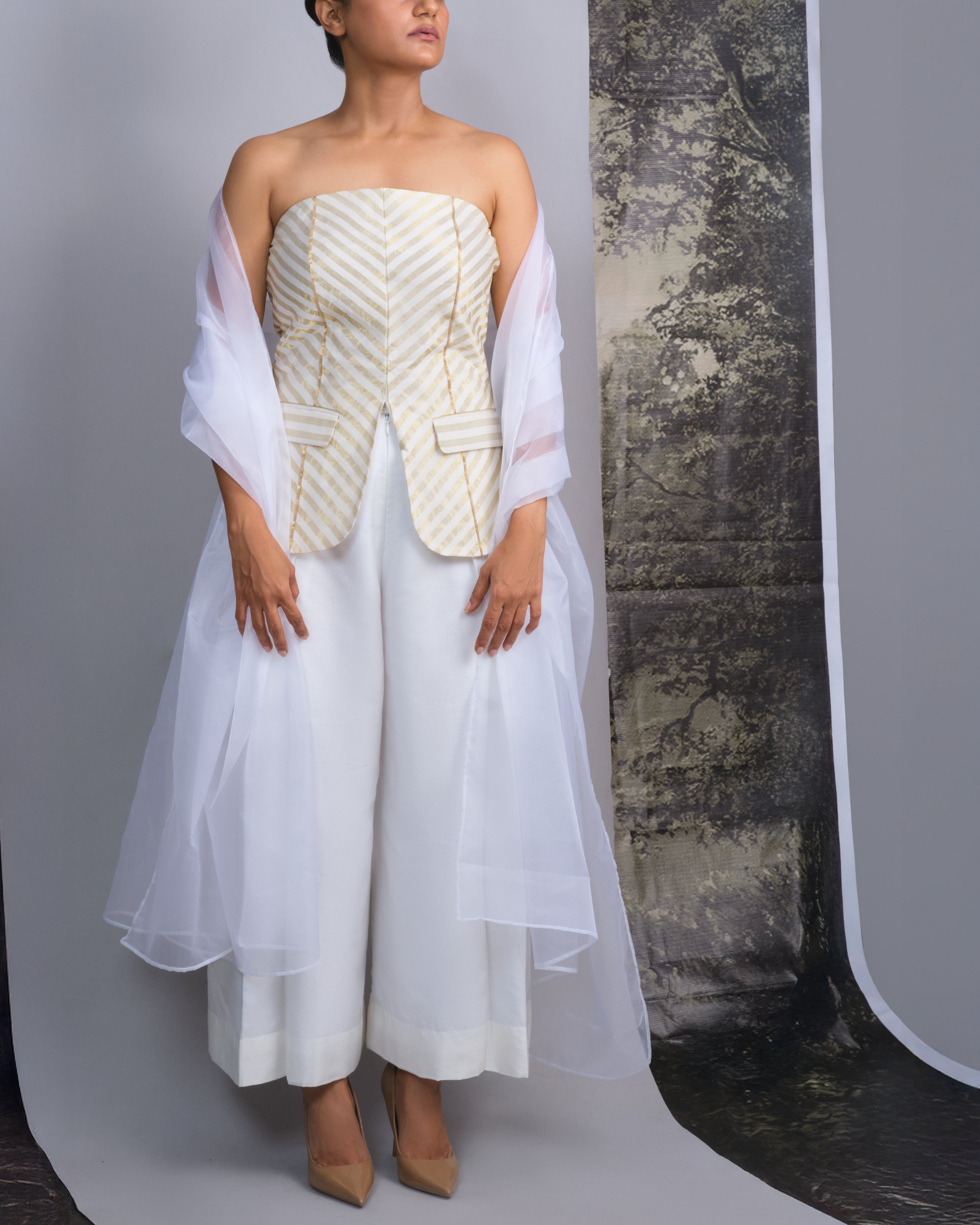 Chanderi Striped Tube and Silk Trousers Set-BENNCH