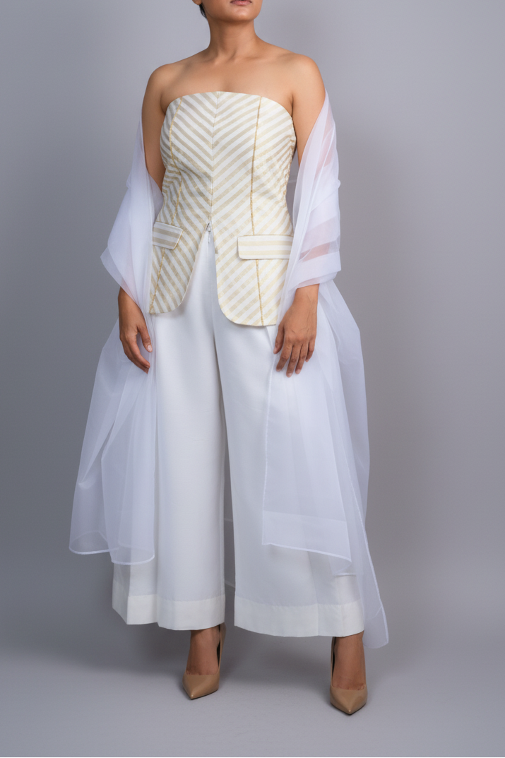 Chanderi Striped Tube and Silk Trousers Set