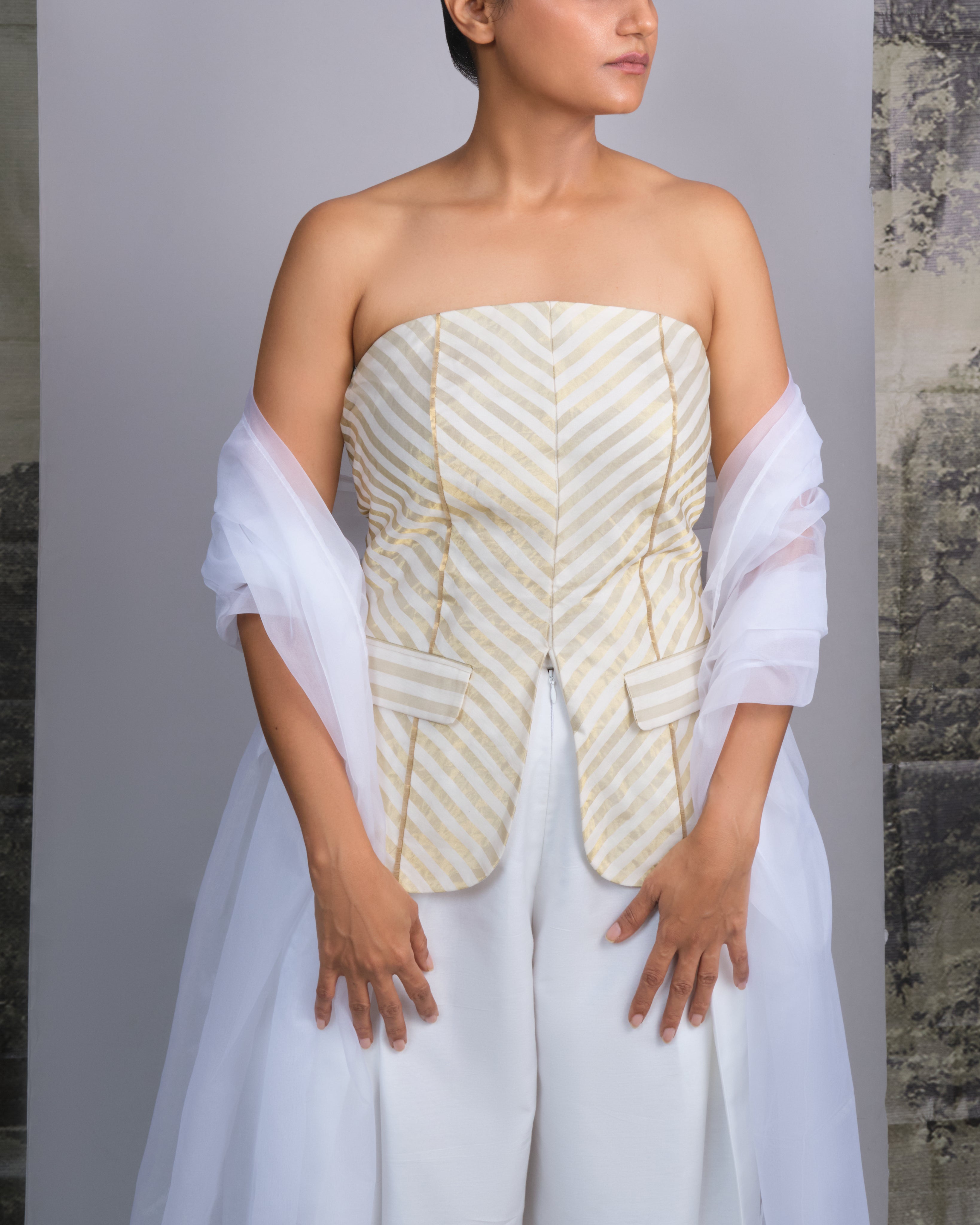 Chanderi Striped Tube and Silk Trousers Set-BENNCH