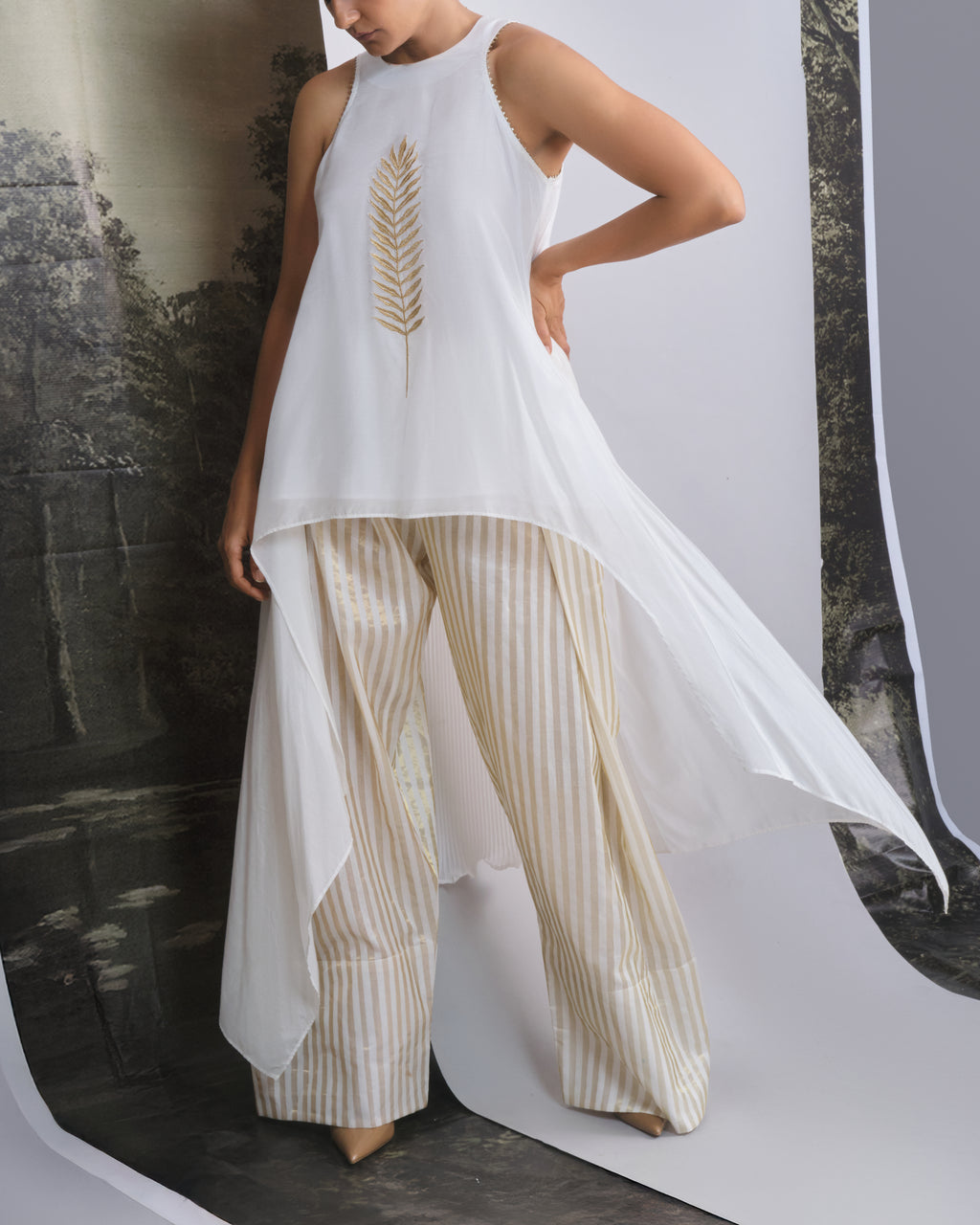 Chanderi Gold Leaf & Stripe Festive Ensemble-BENNCH