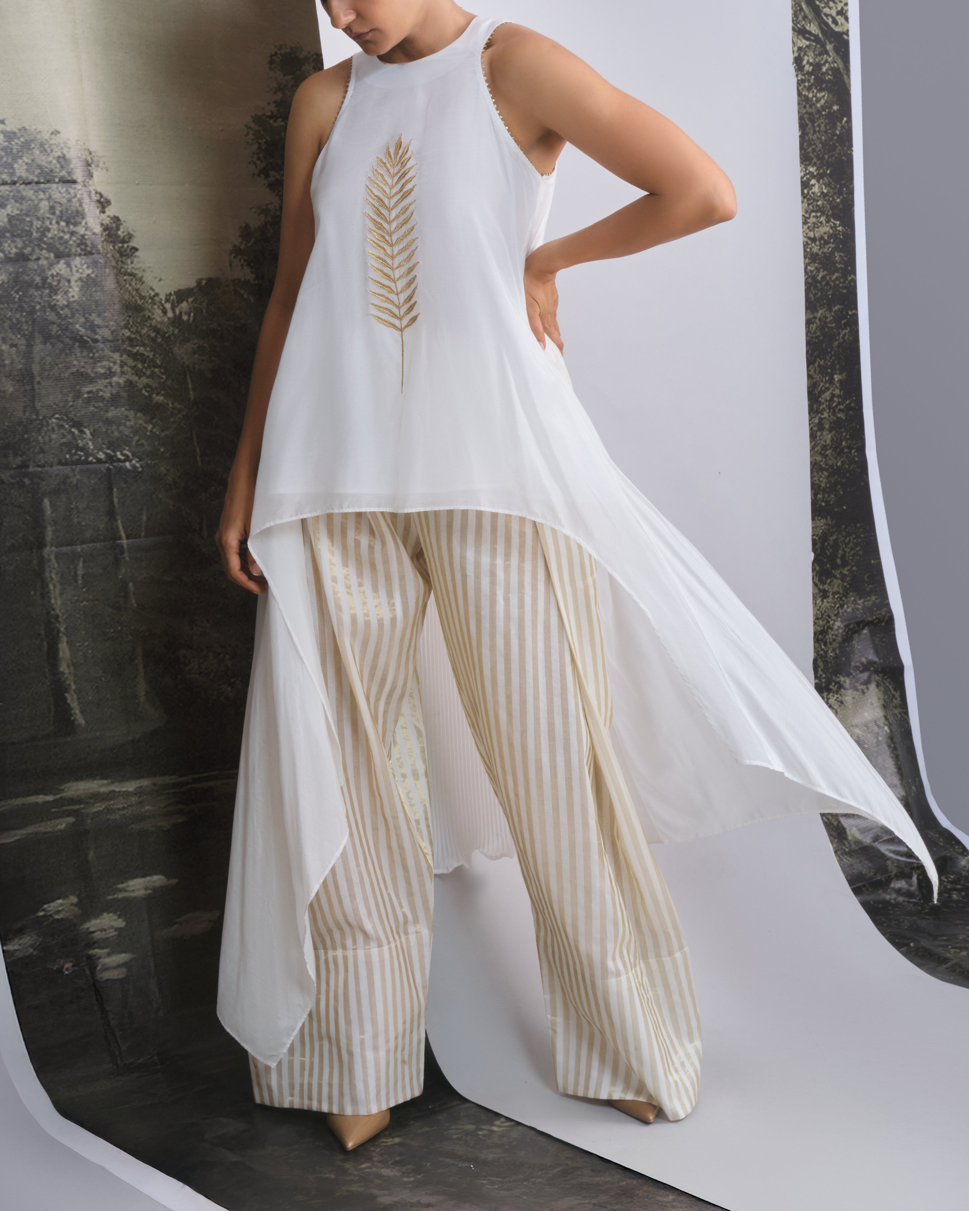 Chanderi Gold Leaf & Stripe Festive Ensemble-BENNCH
