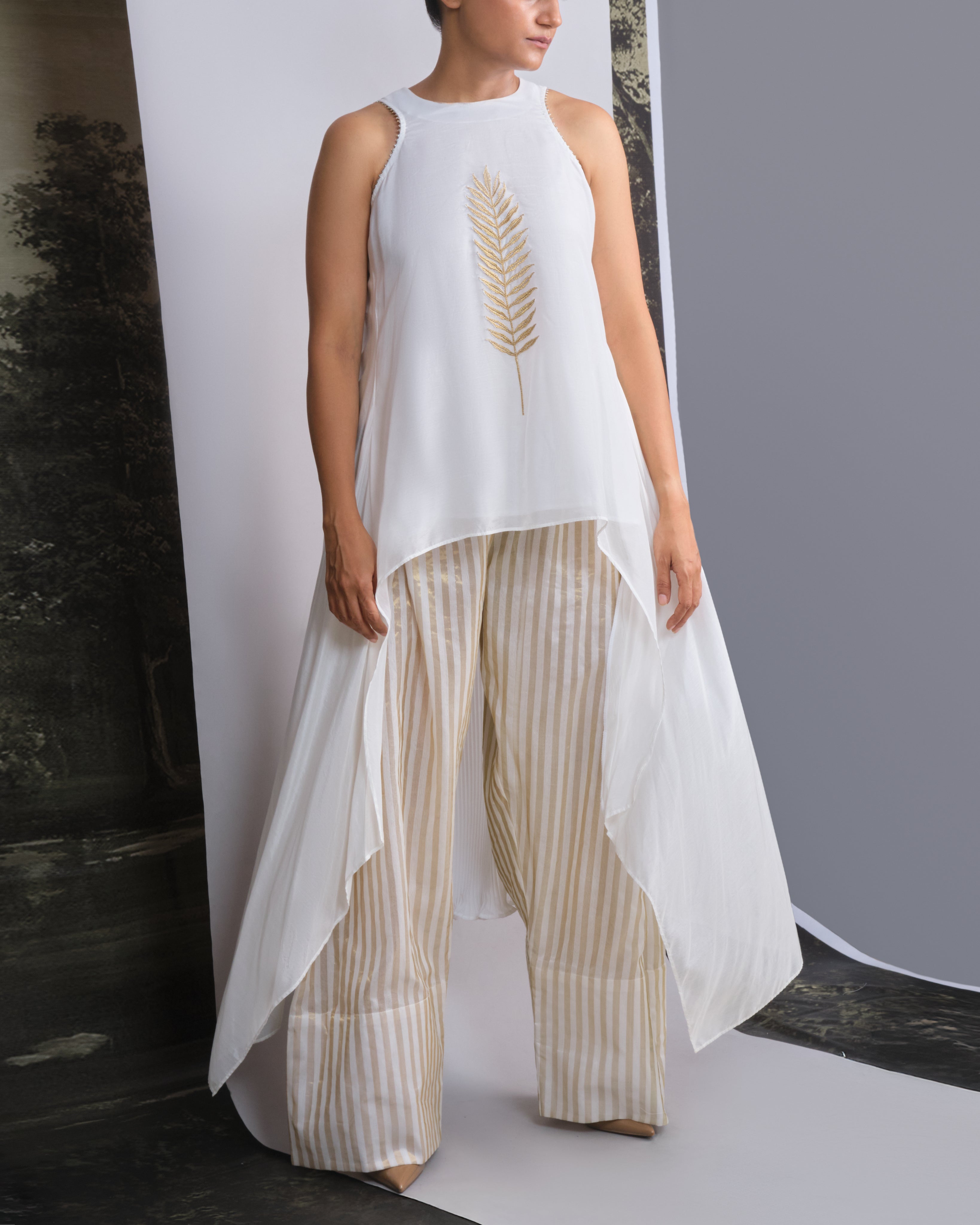 Chanderi Gold Leaf & Stripe Festive Ensemble-BENNCH