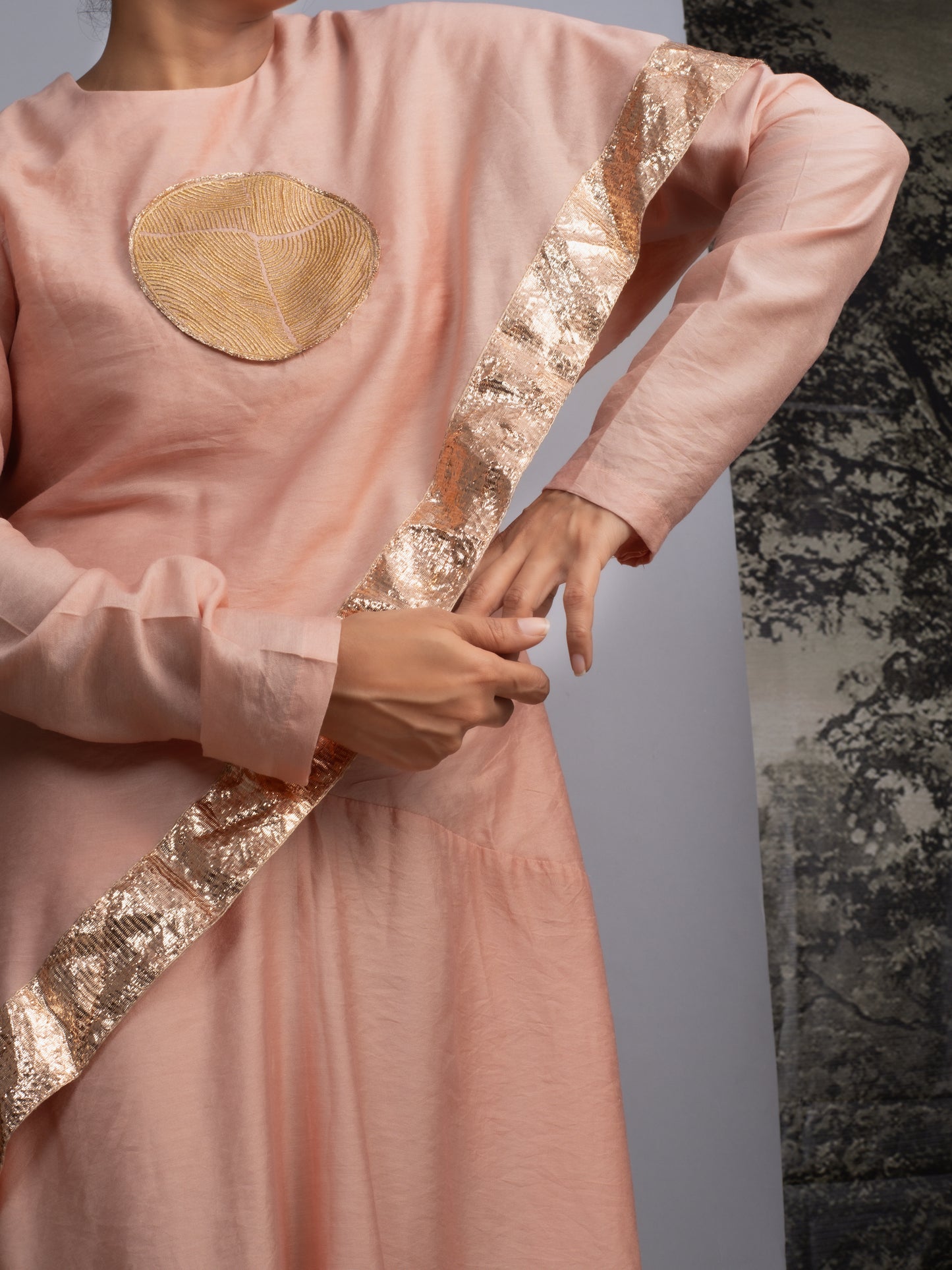 Zari embroidery Peach silk dress by BENNCH
