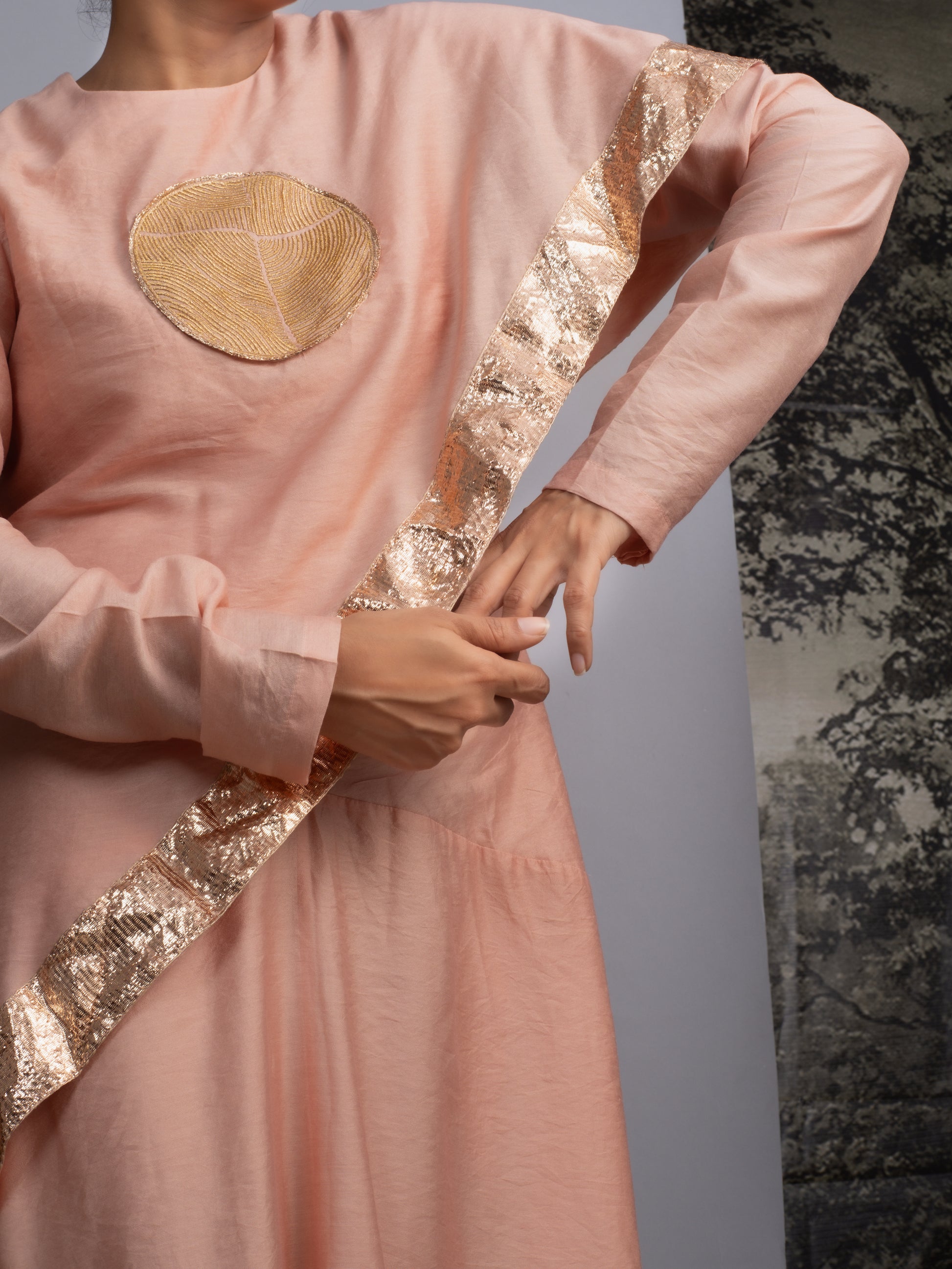 Zari embroidery Peach silk dress by BENNCH