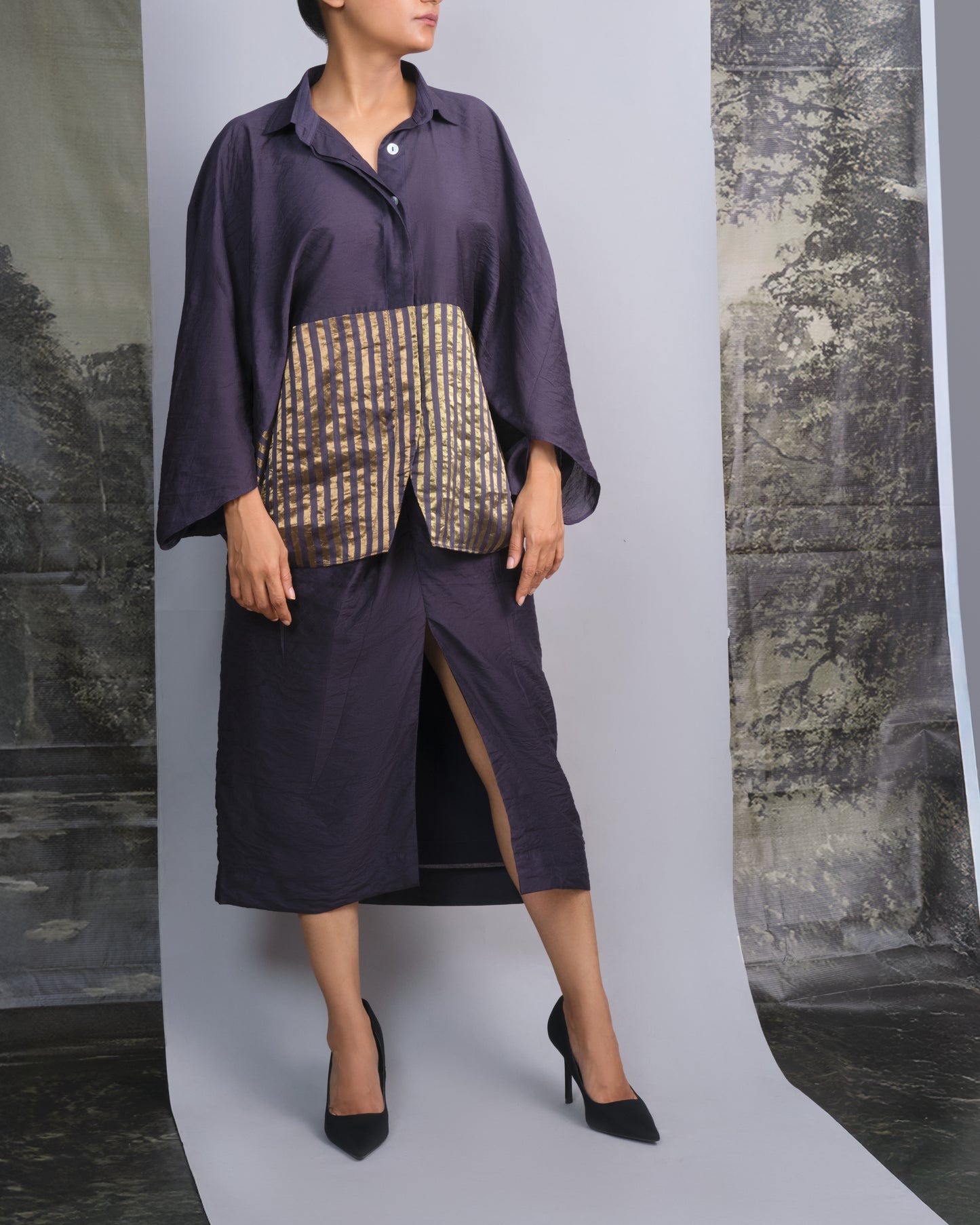 Navy Blue Chanderi Batwing Co-ord Set