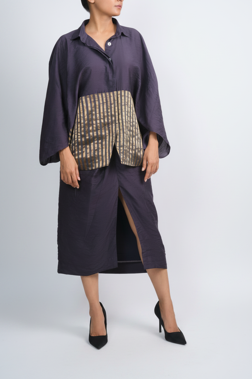 Navy Blue Chanderi Batwing Co-ord Set