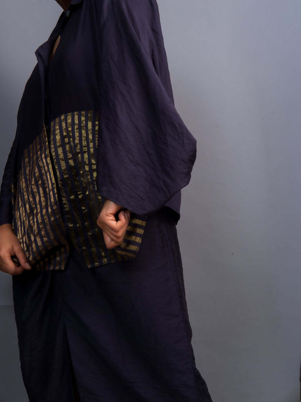 Navy Blue Chanderi Batwing Co-ord Set-BENNCH