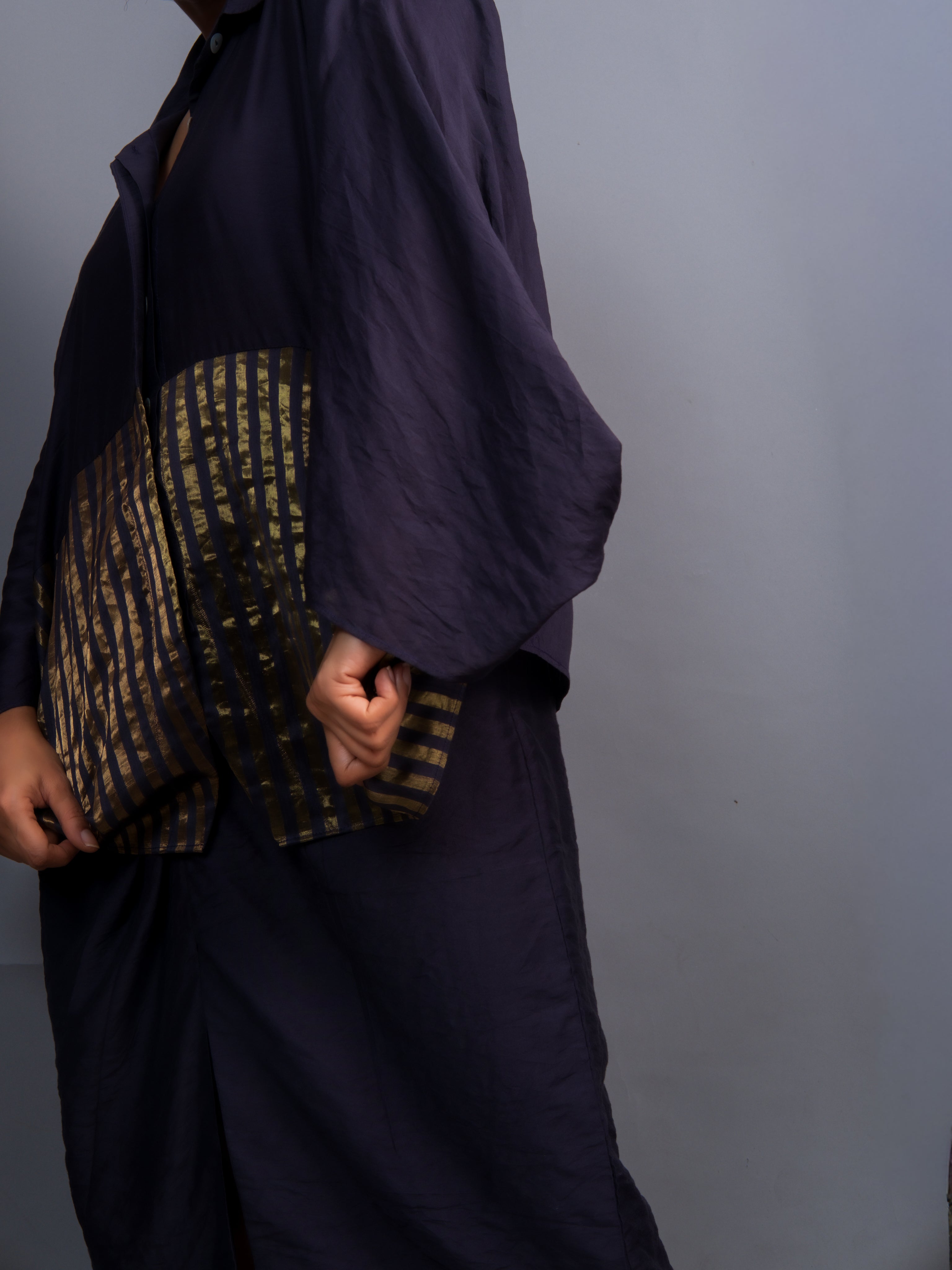 Navy Blue Chanderi Batwing Co-ord Set-BENNCH