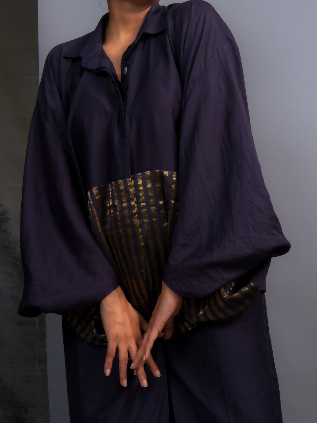 Navy Blue Chanderi Batwing Co-ord Set-BENNCH