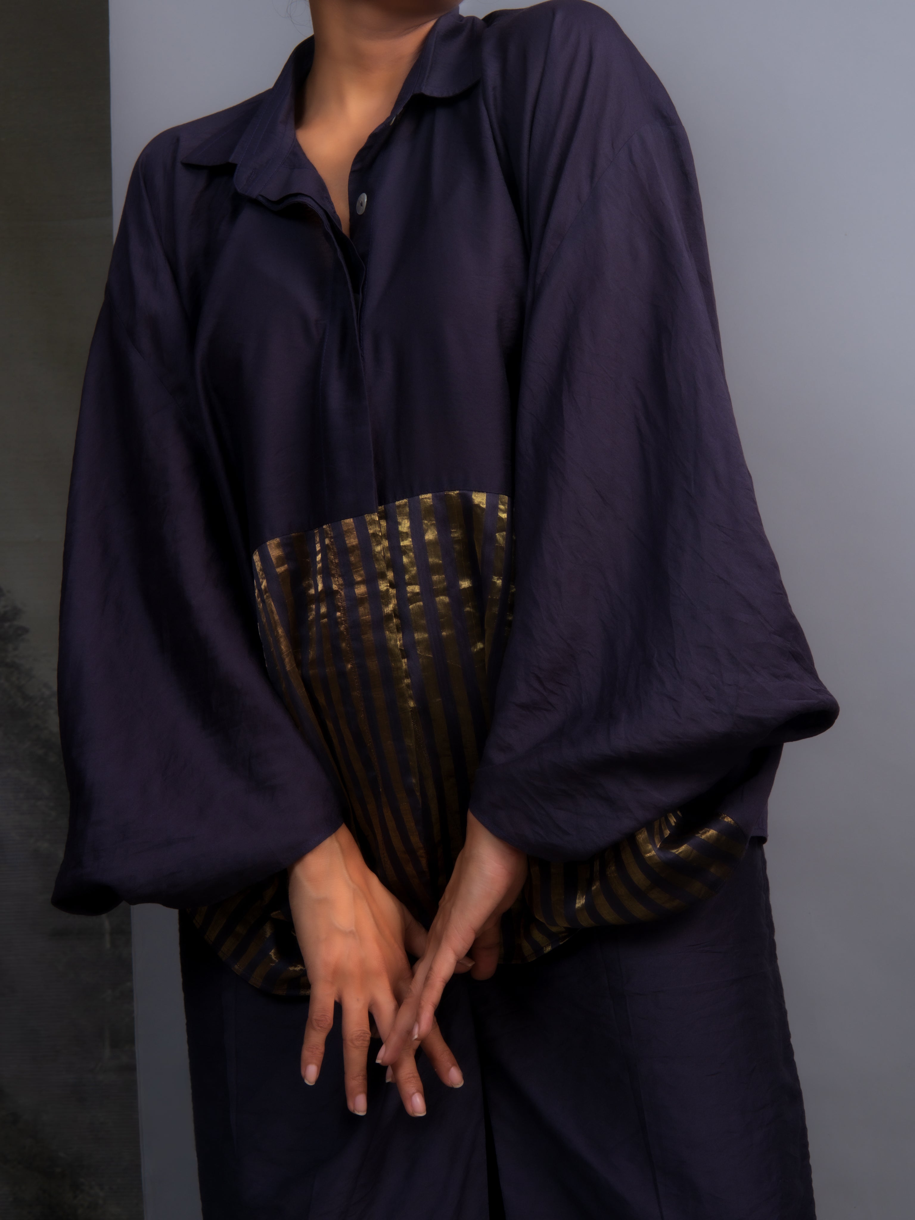 Navy Blue Chanderi Batwing Co-ord Set-BENNCH