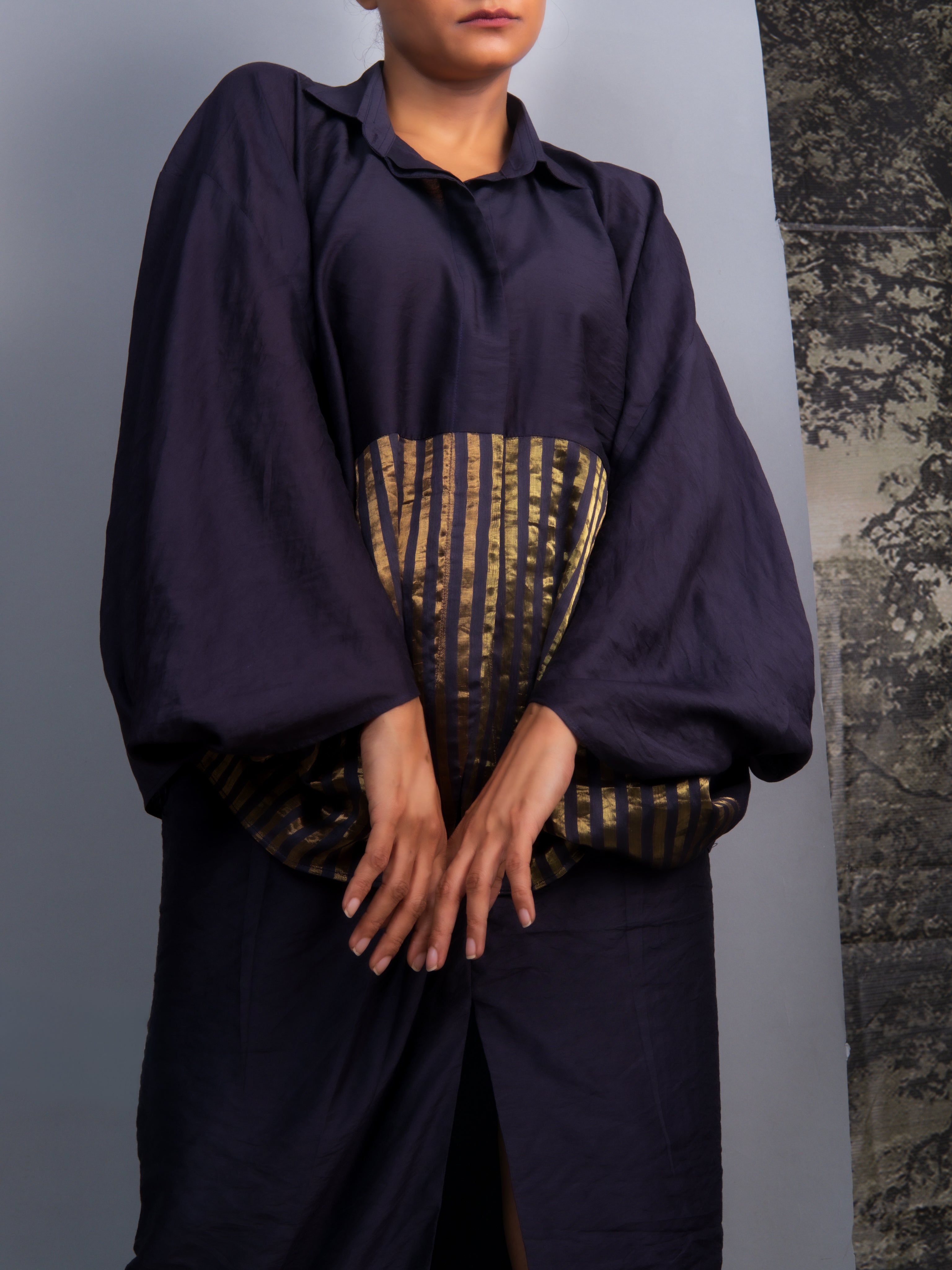 Navy Blue Chanderi Batwing Co-ord Set-BENNCH
