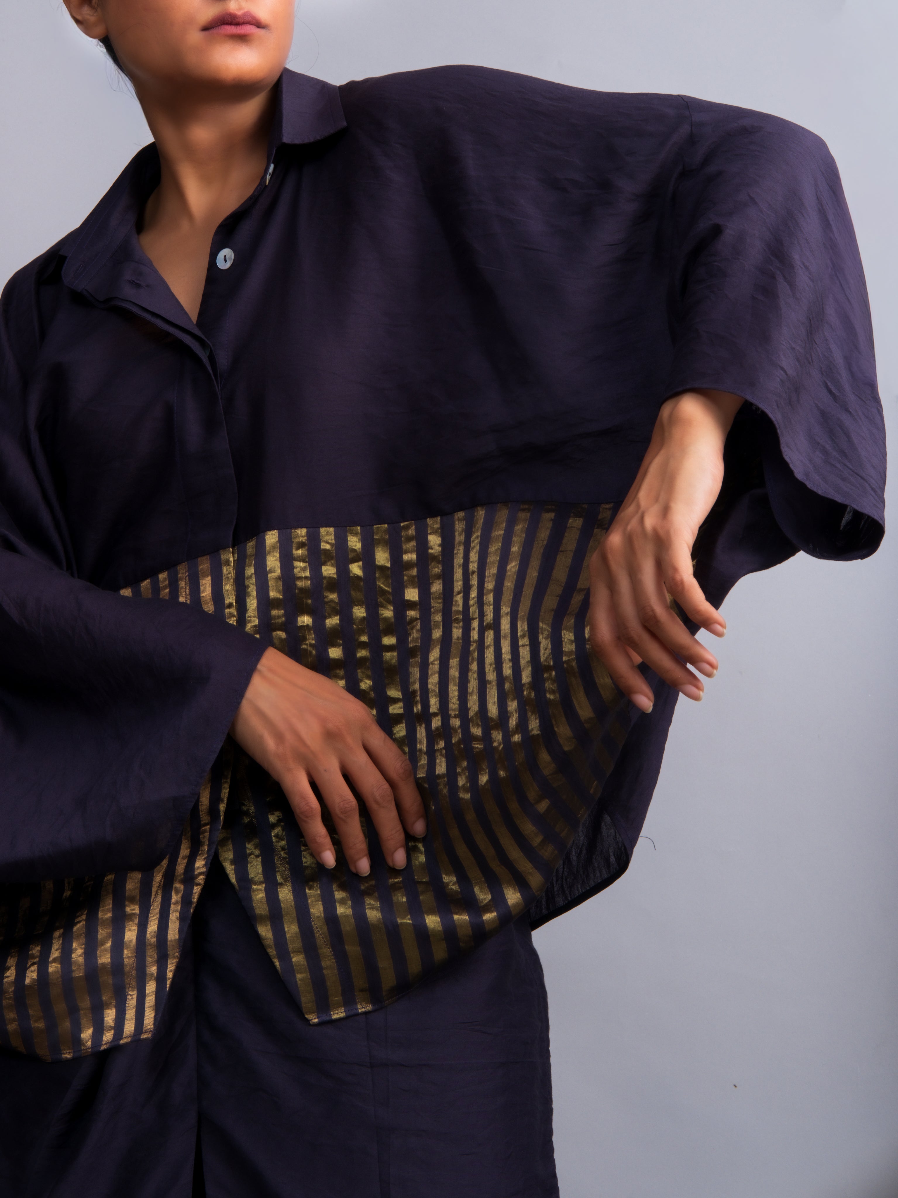 Navy Blue Chanderi Batwing Co-ord Set-BENNCH