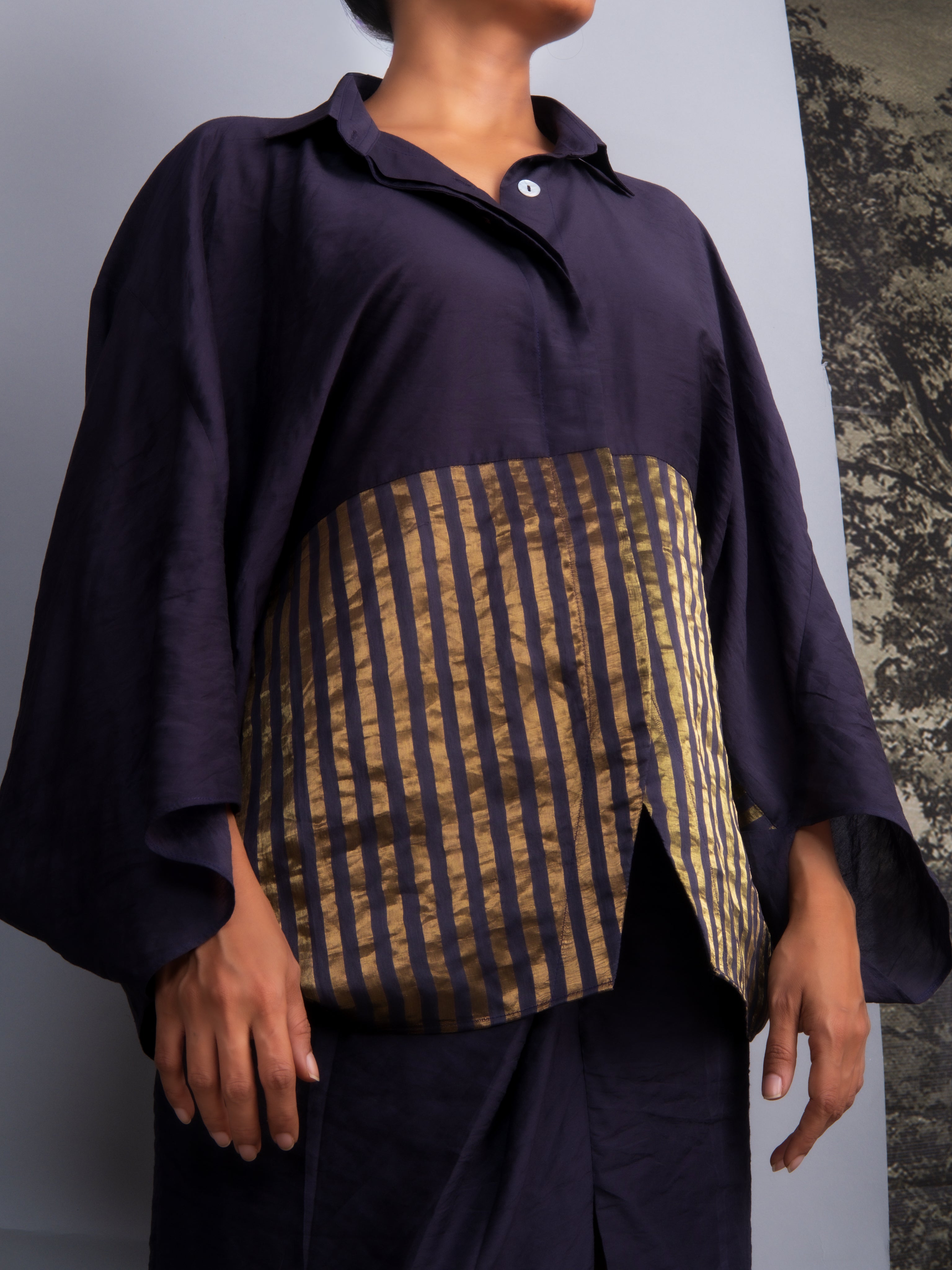 Navy Blue Chanderi Batwing Co-ord Set-BENNCH