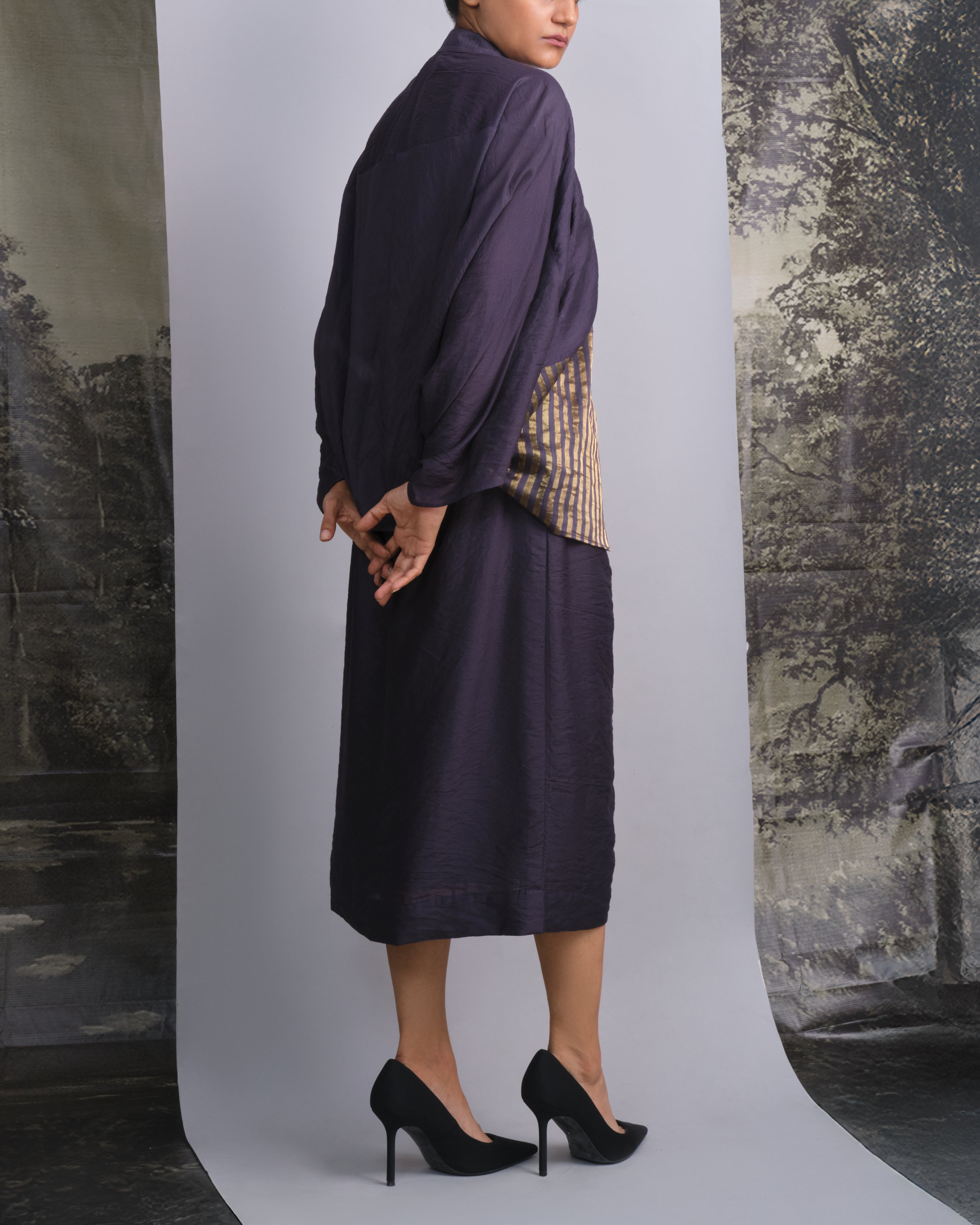 Navy Blue Chanderi Batwing Co-ord Set-BENNCH