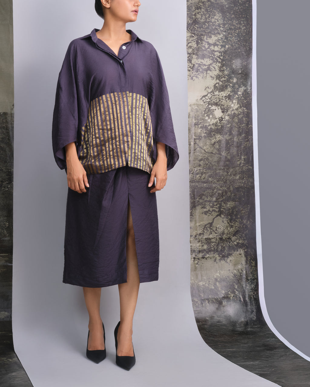 Navy Blue Chanderi Batwing Co-ord Set-BENNCH