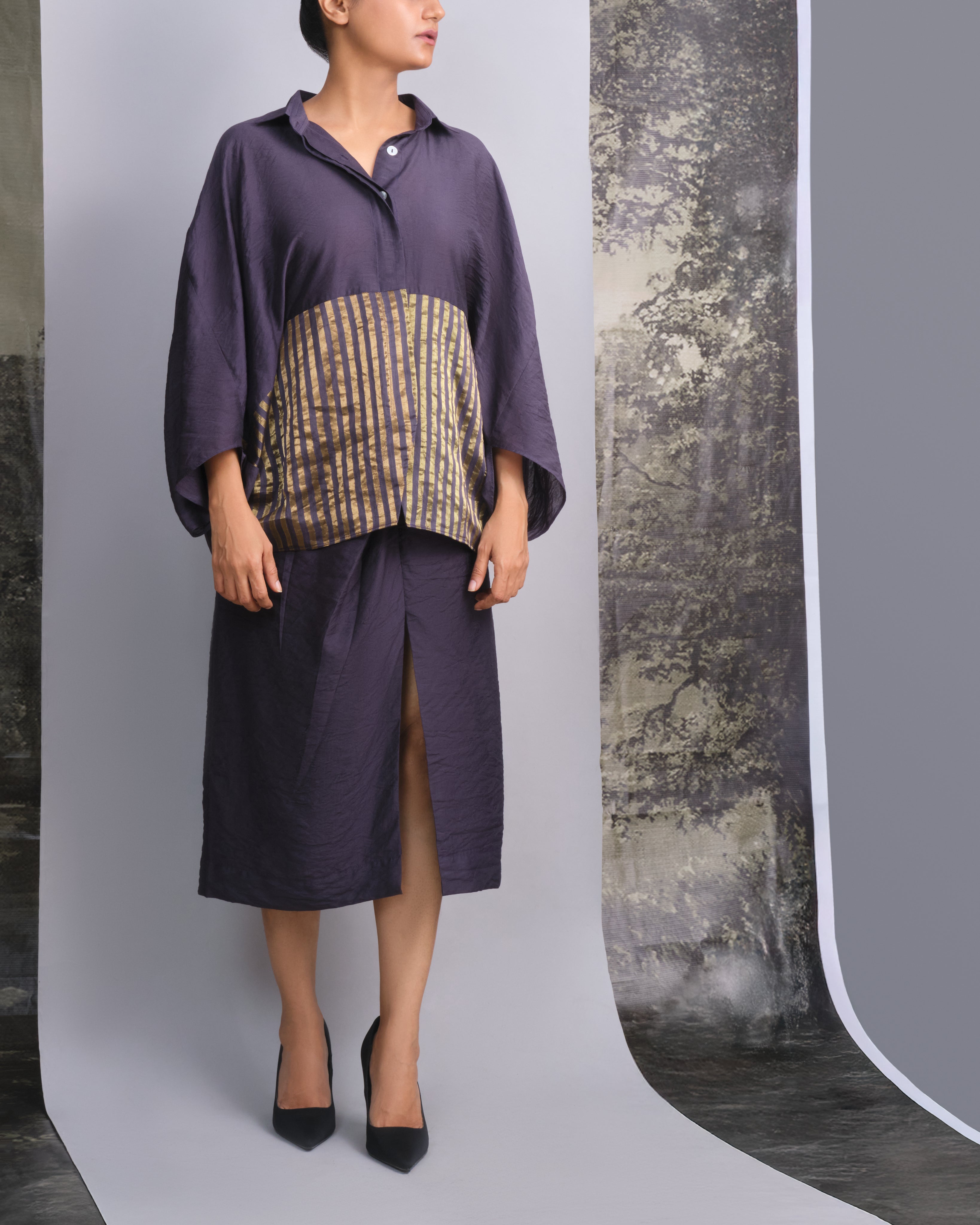Navy Blue Chanderi Batwing Co-ord Set-BENNCH