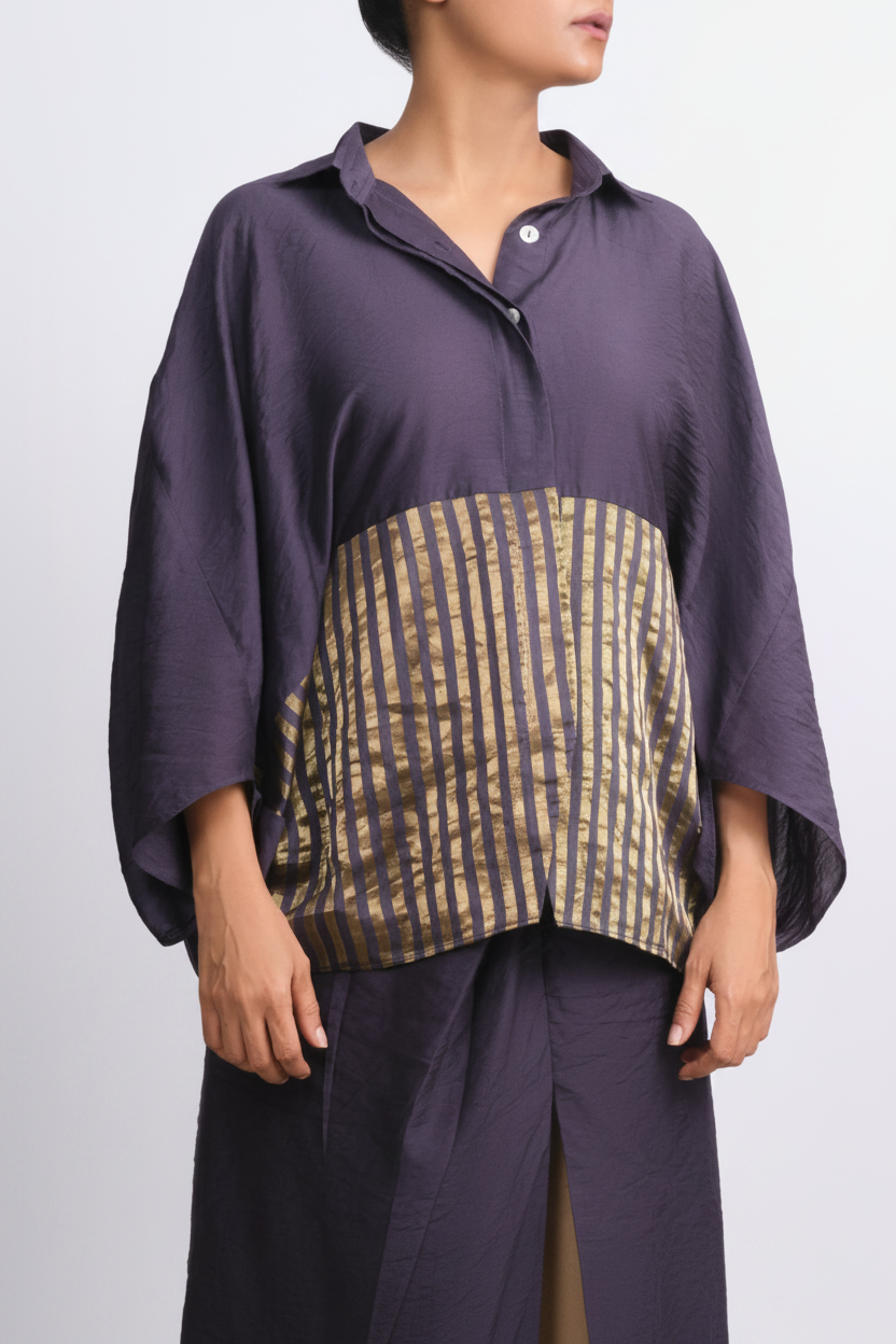 Navy Blue Chanderi Striped Shirt