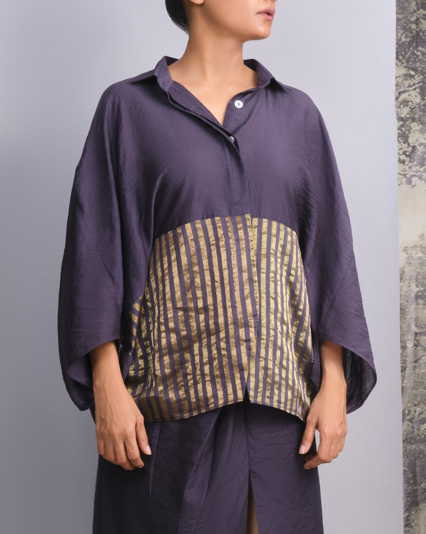 Navy Blue Chanderi Striped Shirt-BENNCH