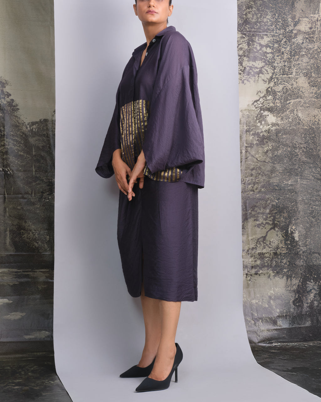 Navy Blue Chanderi Batwing Co-ord Set-BENNCH