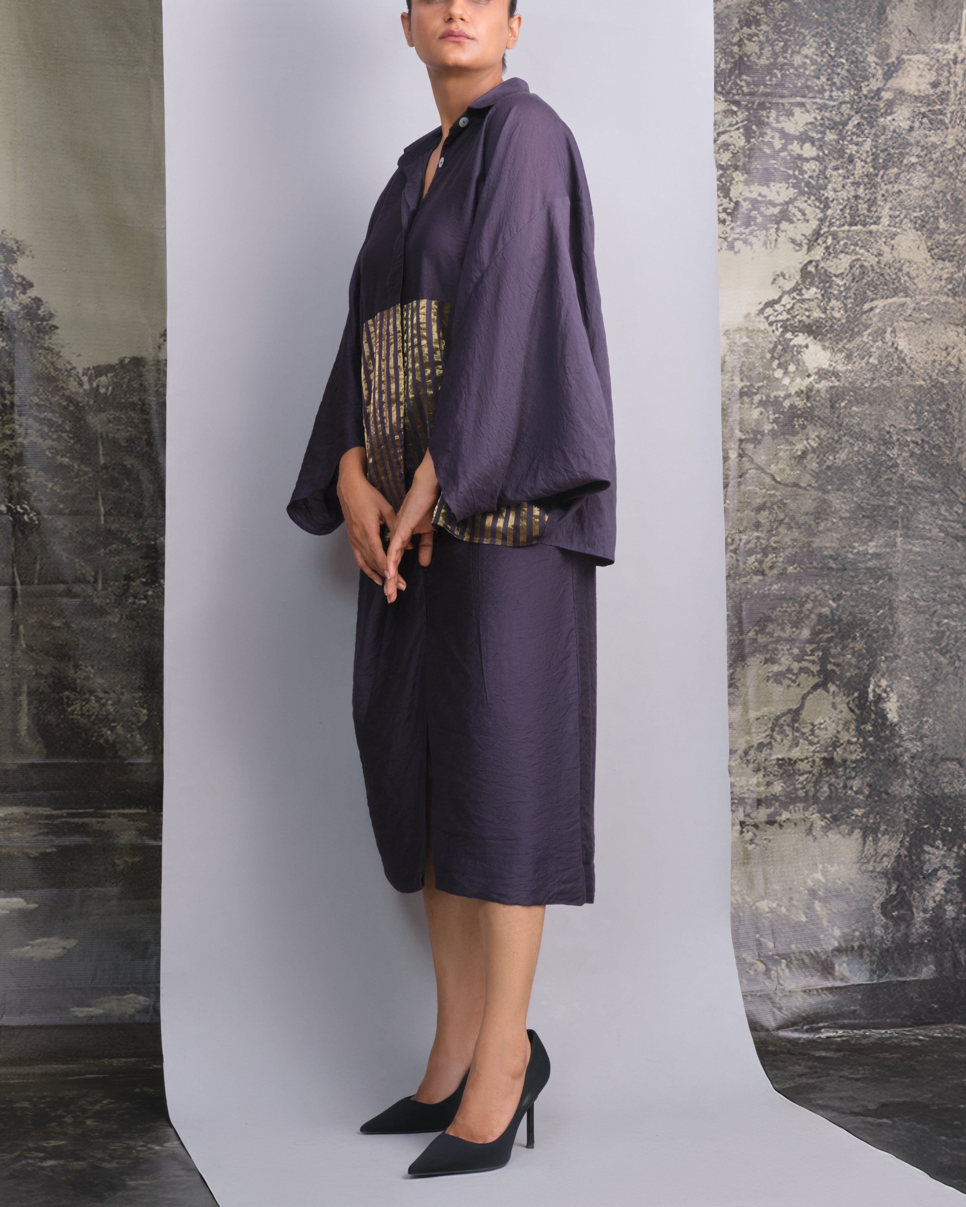 Navy Blue Chanderi Batwing Co-ord Set-BENNCH