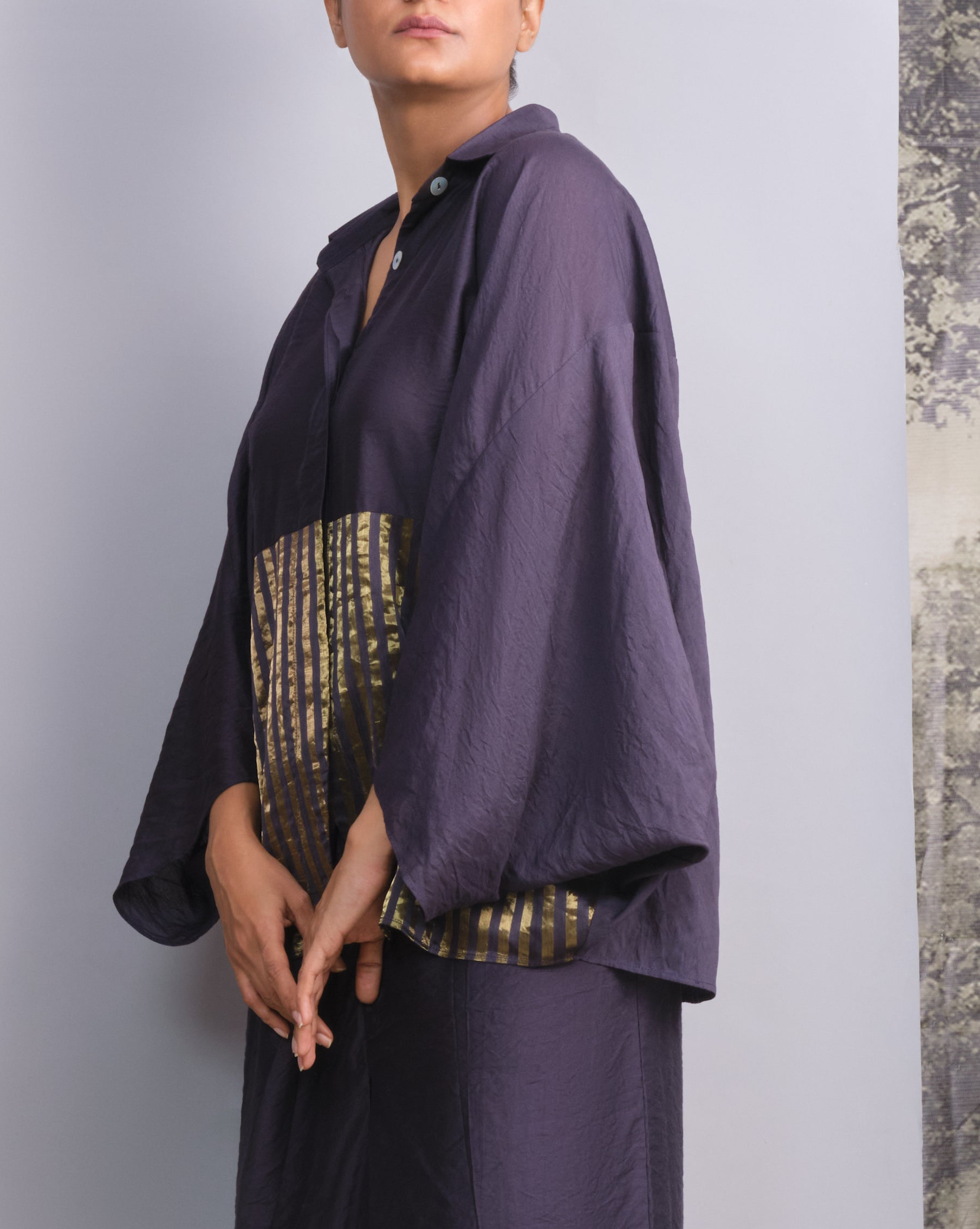 Navy Blue Chanderi Striped Shirt-BENNCH