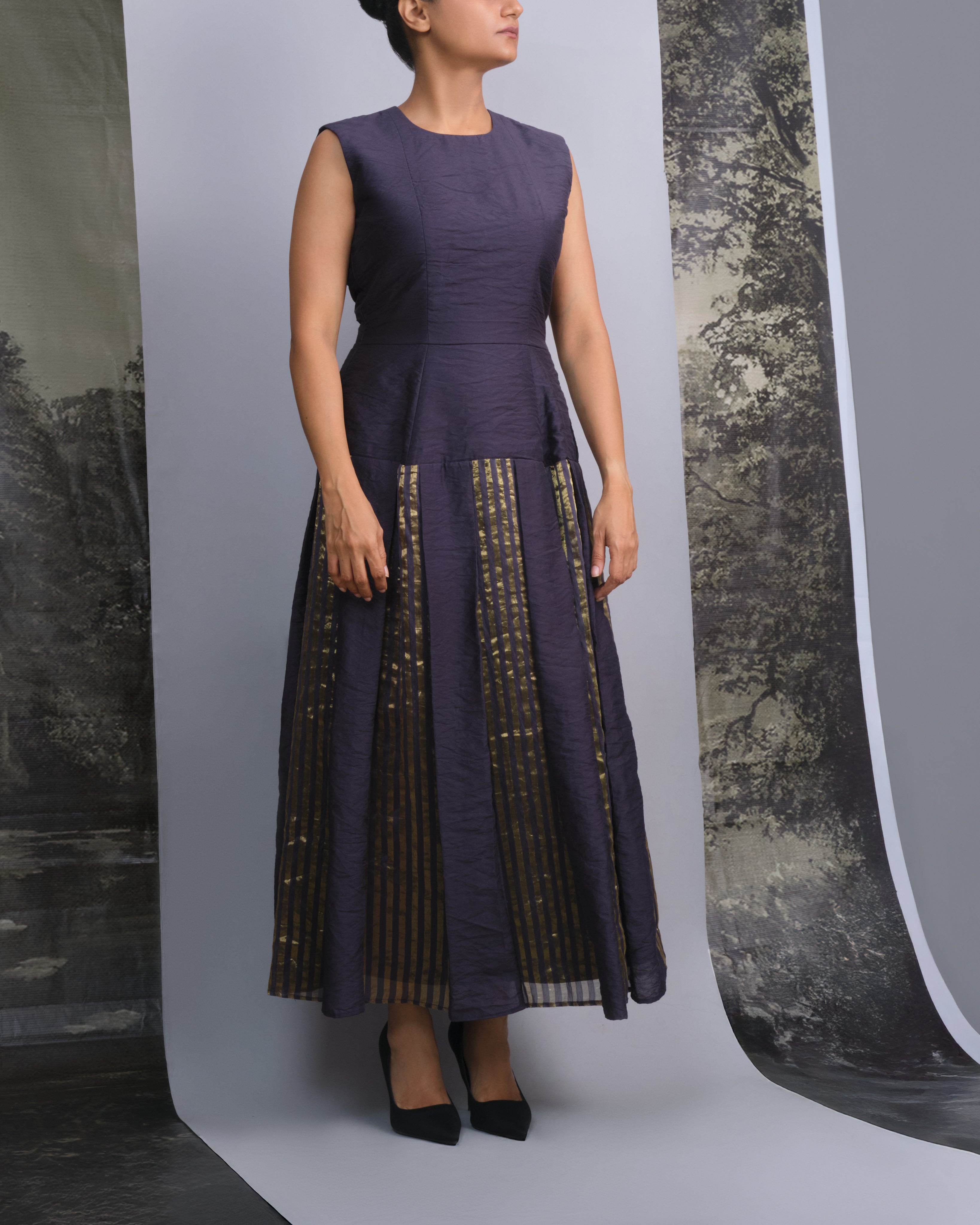Navy Gold Chanderi Striped Dress-BENNCH