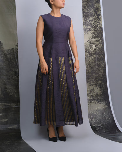 Navy Gold Chanderi Striped Dress