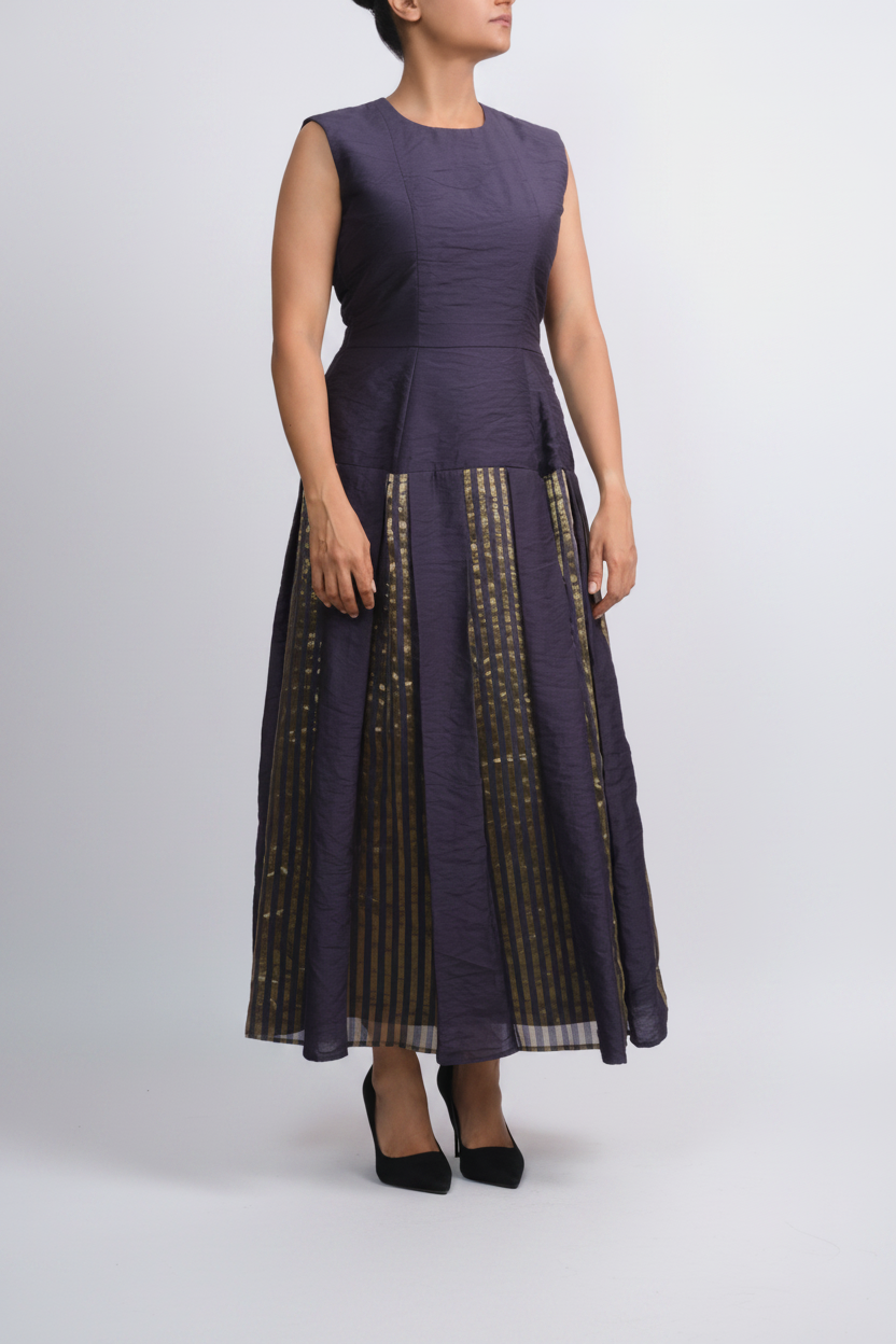 Navy Gold Chanderi Striped Dress