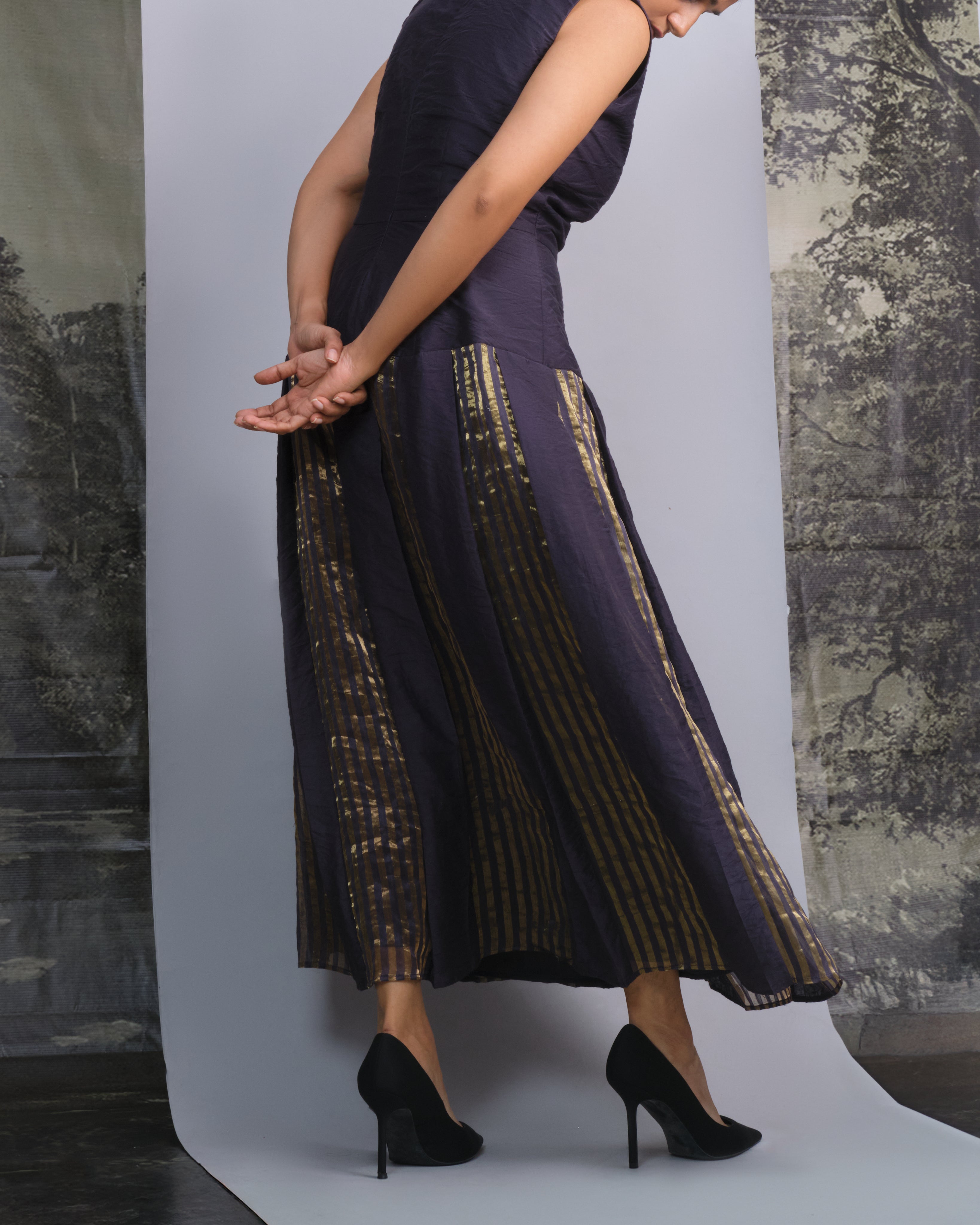 Navy Gold Chanderi Striped Dress-BENNCH
