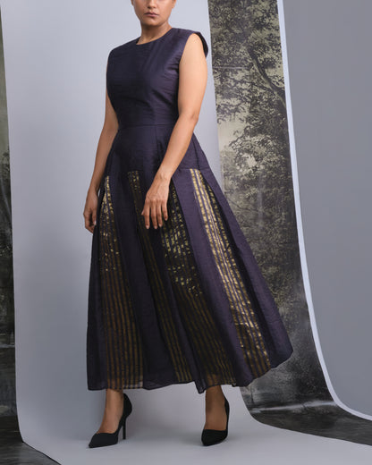Navy Gold Chanderi Striped Dress