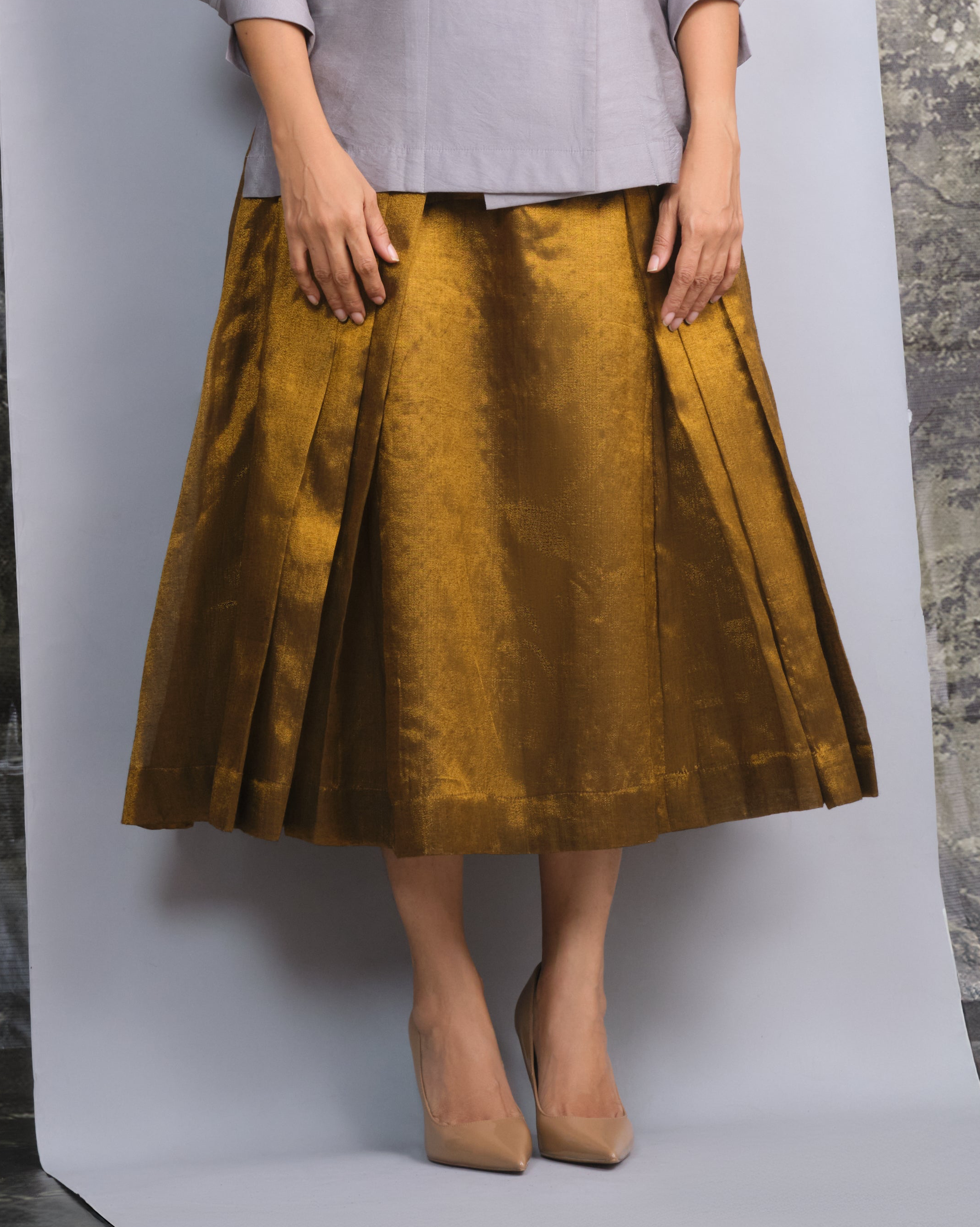 Gold Chanderi Pleated Skirt-BENNCH