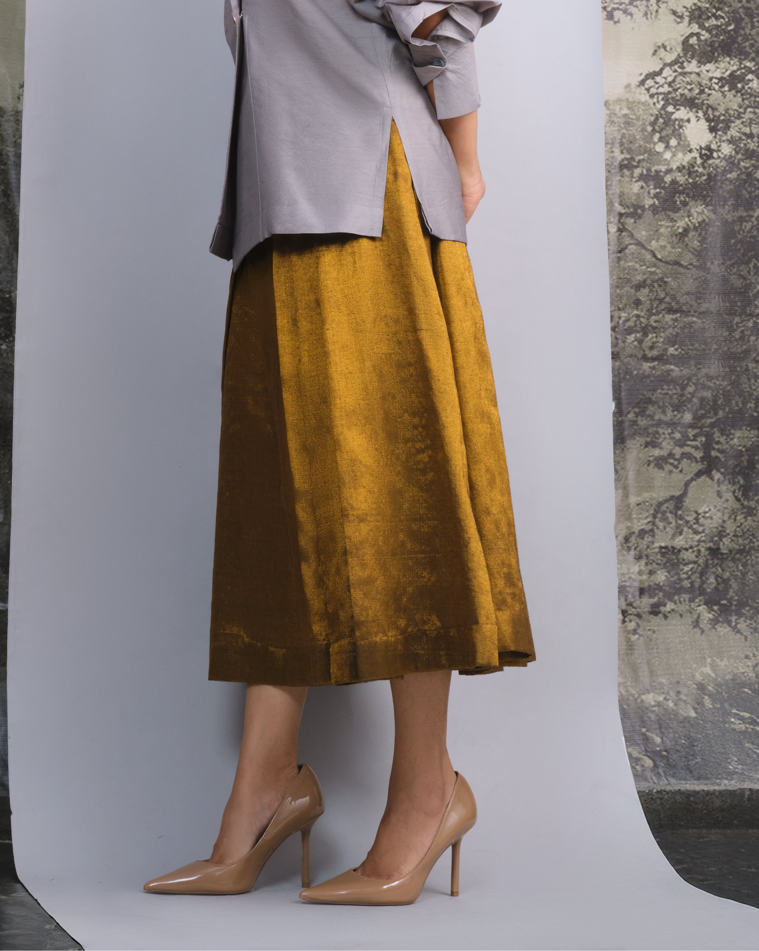Gold Chanderi Pleated Skirt-BENNCH