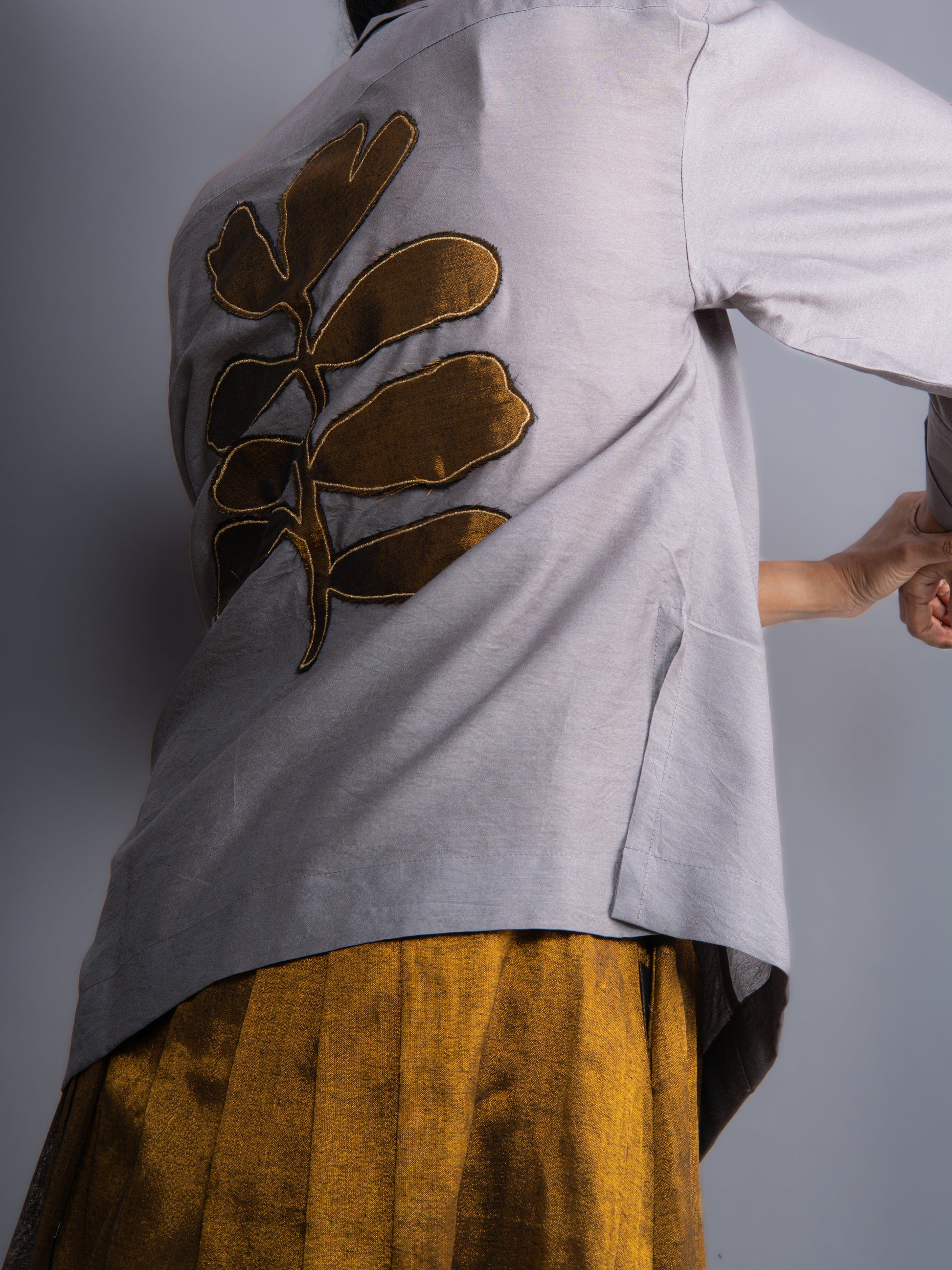 grey chanderi formal shirt with gold patchwork by BENNCH