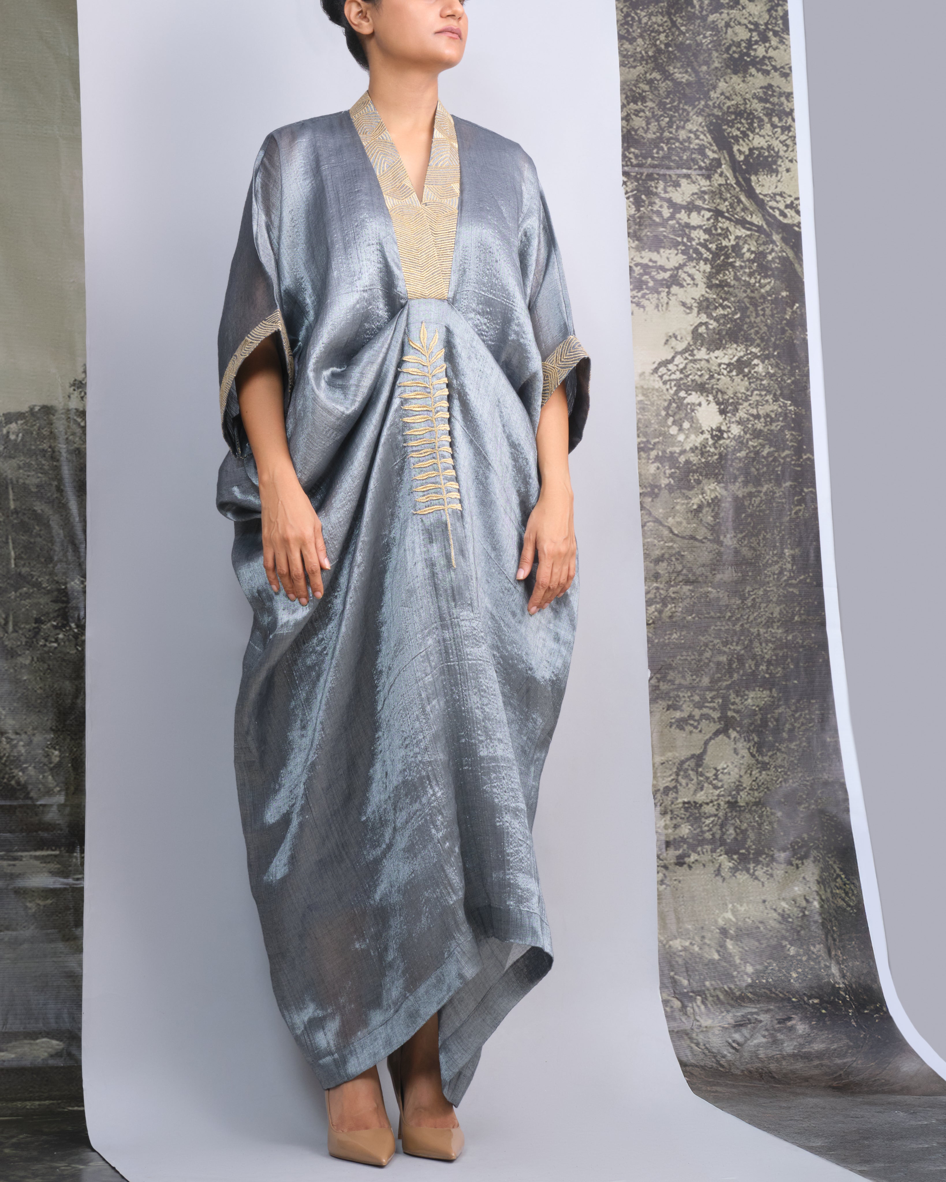 Silver Chanderi Kaftan with Gold Leaf Embroidery-BENNCH