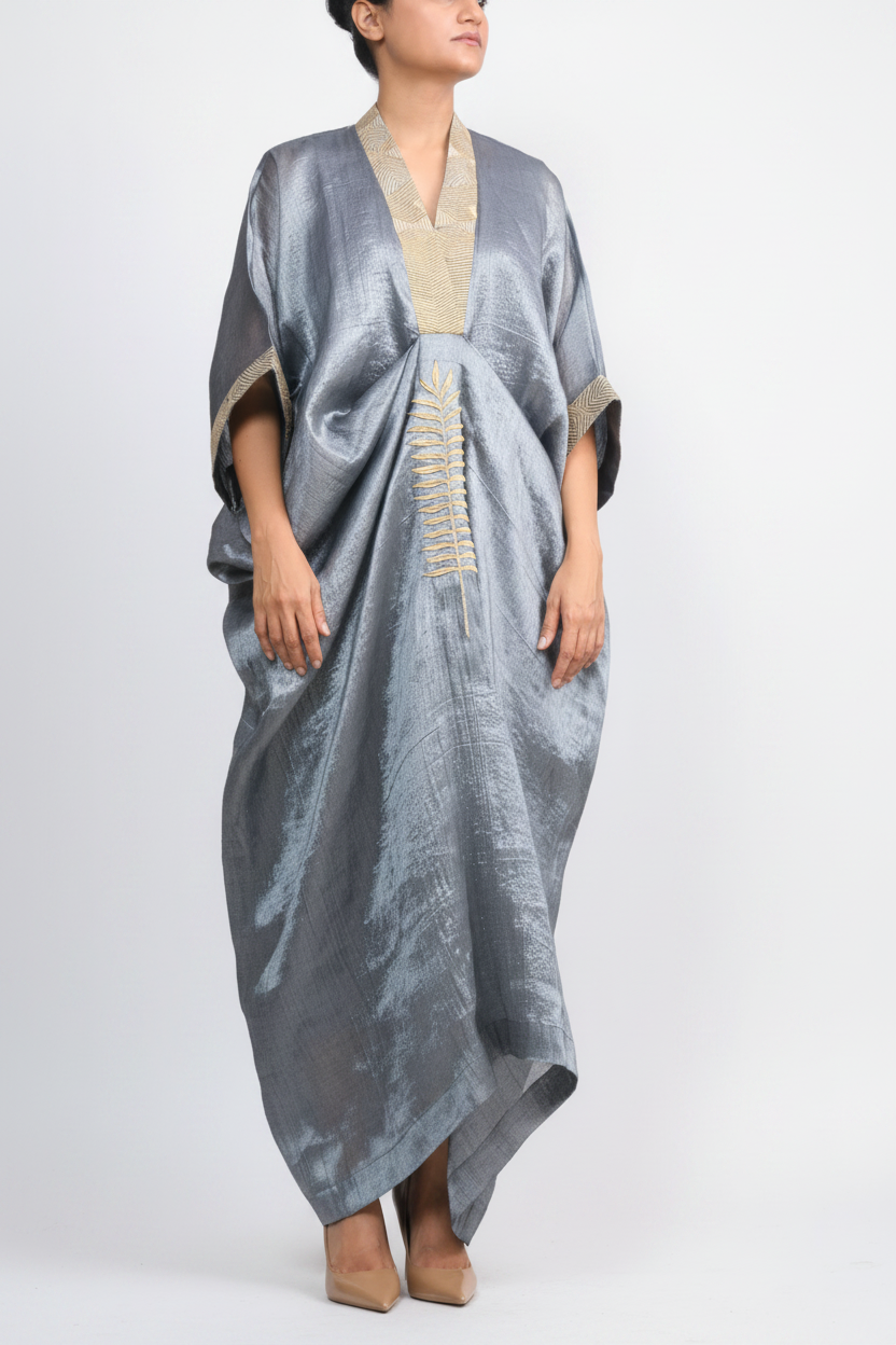 Silver Chanderi Kaftan with Gold Leaf Embroidery