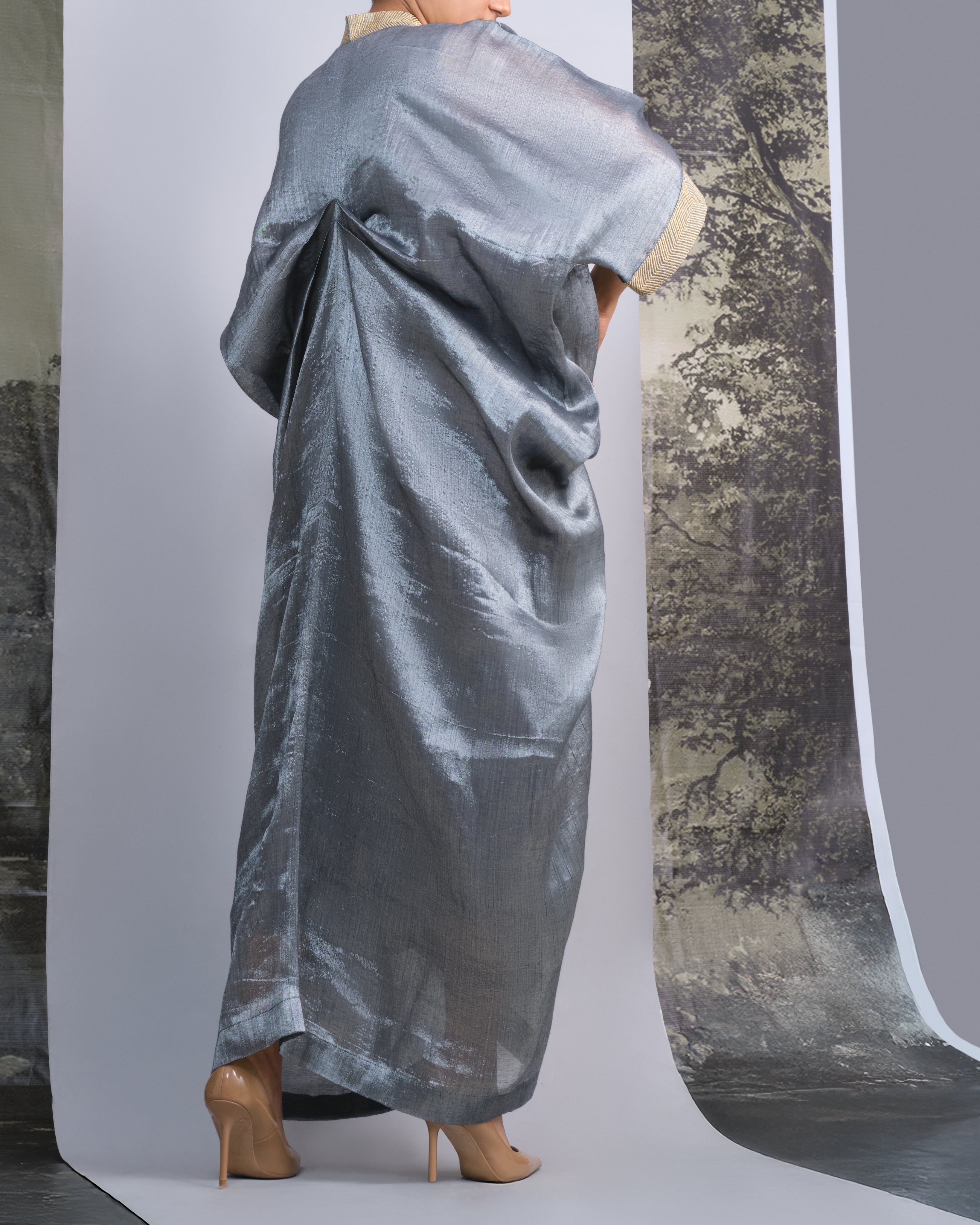 Silver Chanderi Kaftan with Gold Leaf Embroidery-BENNCH