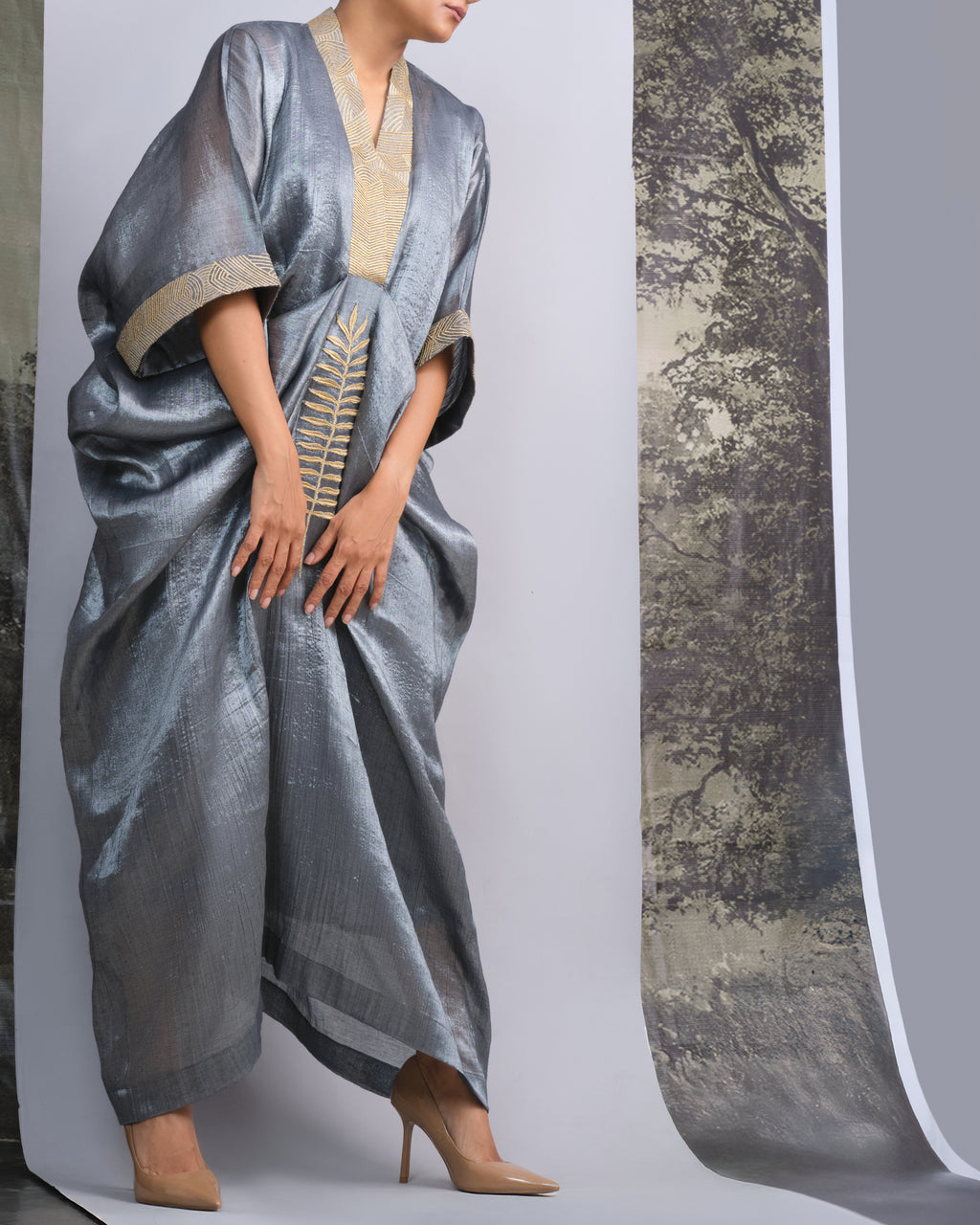 Silver Chanderi Kaftan with Gold Leaf Embroidery-BENNCH